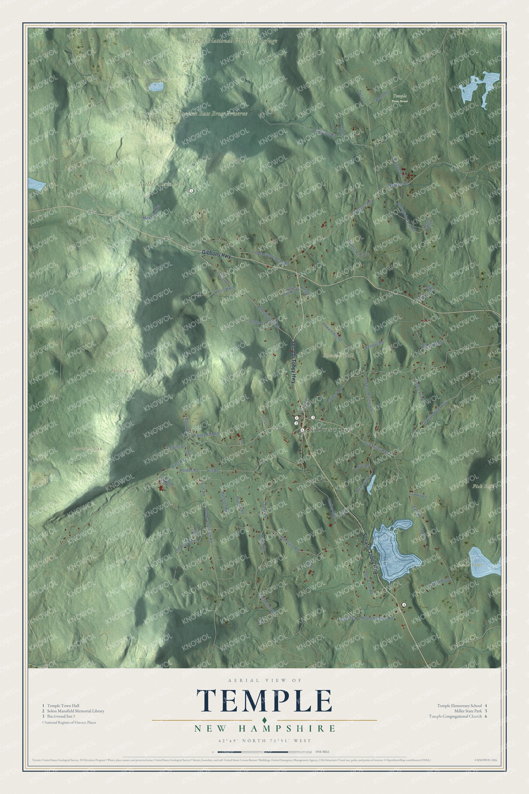 Map of Temple, New Hampshire, with the Birchwood Inn, Miller State Park and Burton Peak
