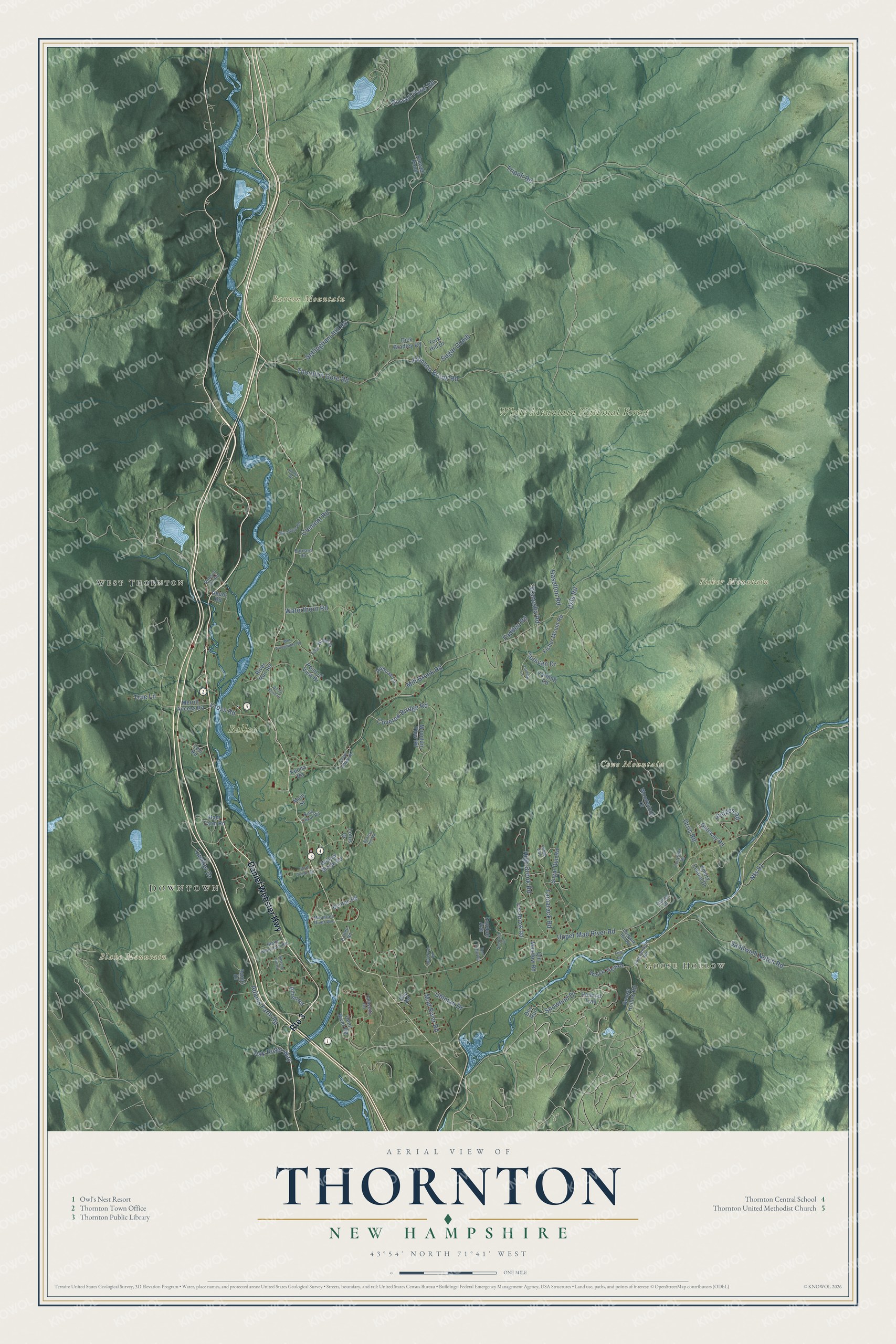 Map of Thornton, New Hampshire, with Barron Mountain, Blake Mountain and the Pemigewasset River