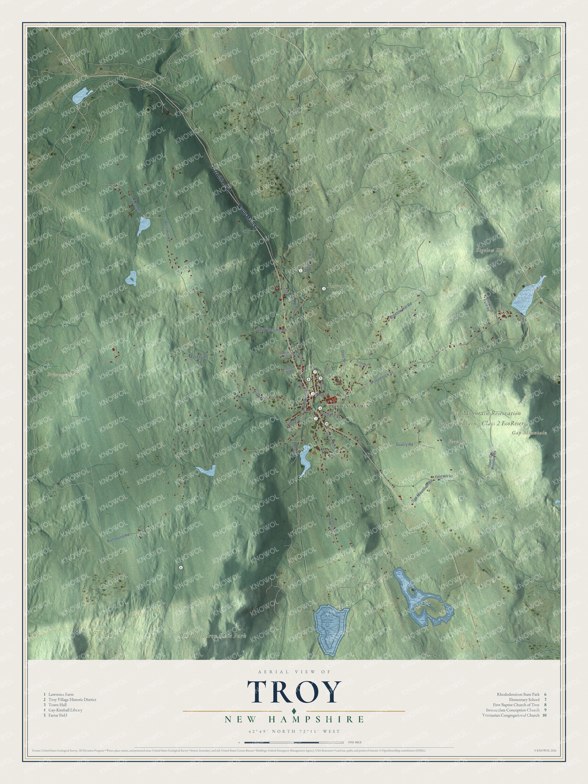 Map of Troy, New Hampshire, with the village, Gap Mountain and Bigelow Hill