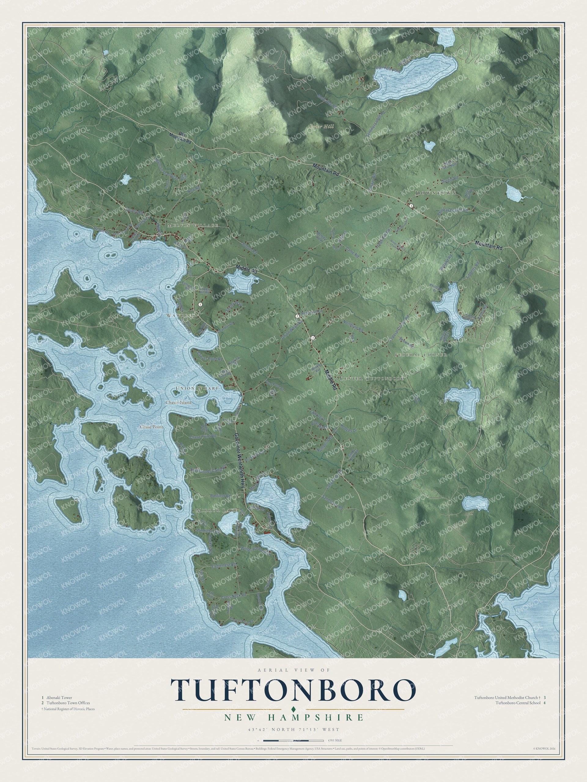Map of Tuftonboro, New Hampshire, with Melvin Village, Mirror Lake and Lake Winnipesaukee