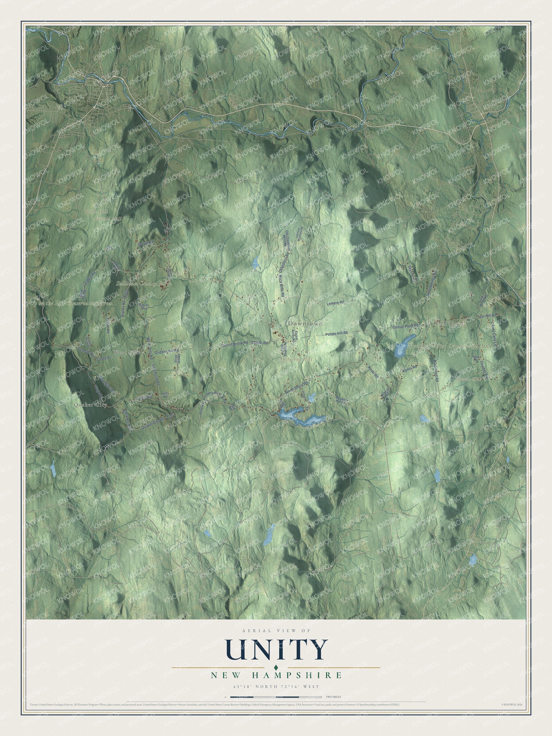 Map of Unity, New Hampshire, with Bible Hill, Quaker City and the town hall