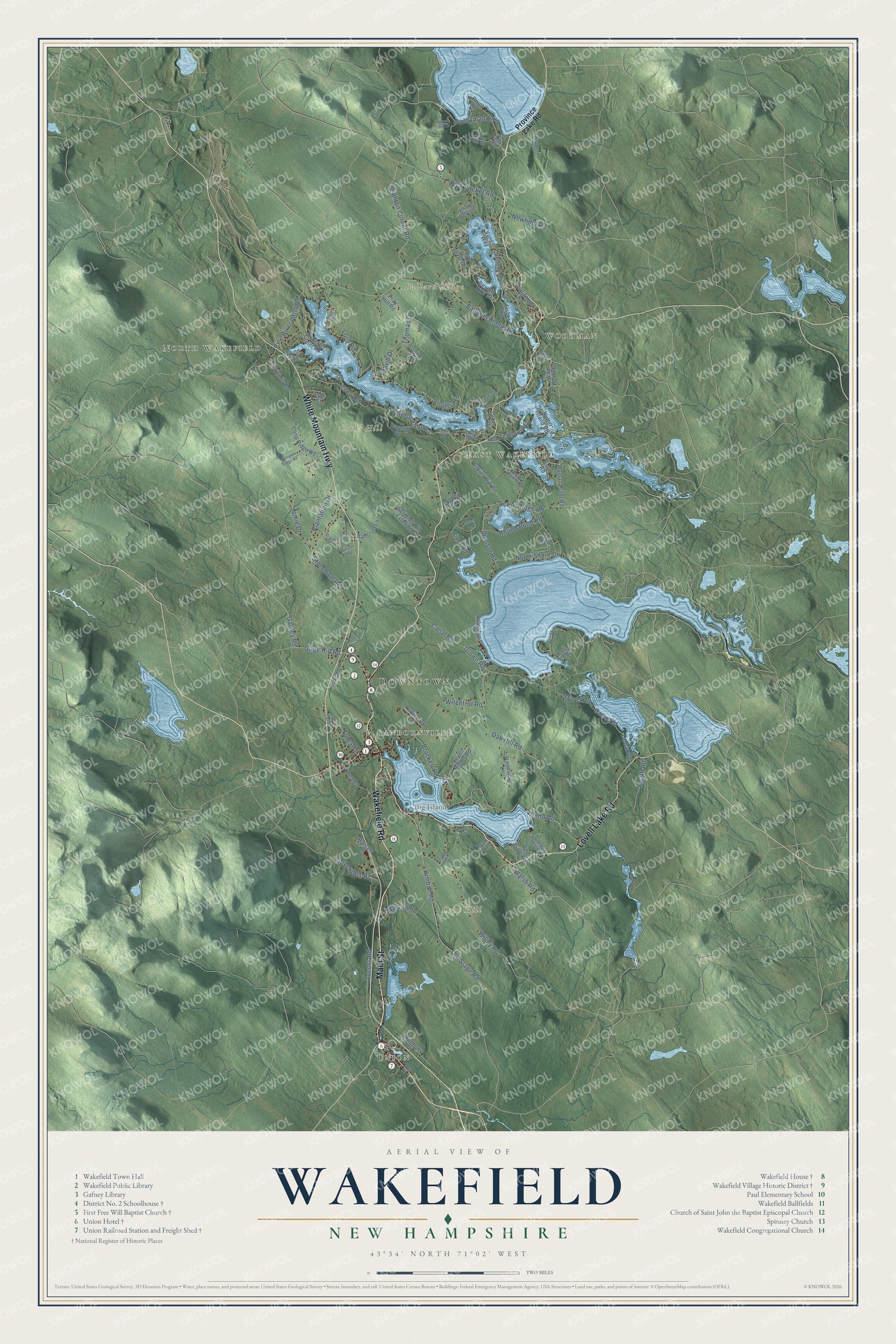 Map of Wakefield, New Hampshire, with Wakefield Corner, Union and the lakes along the Maine line
