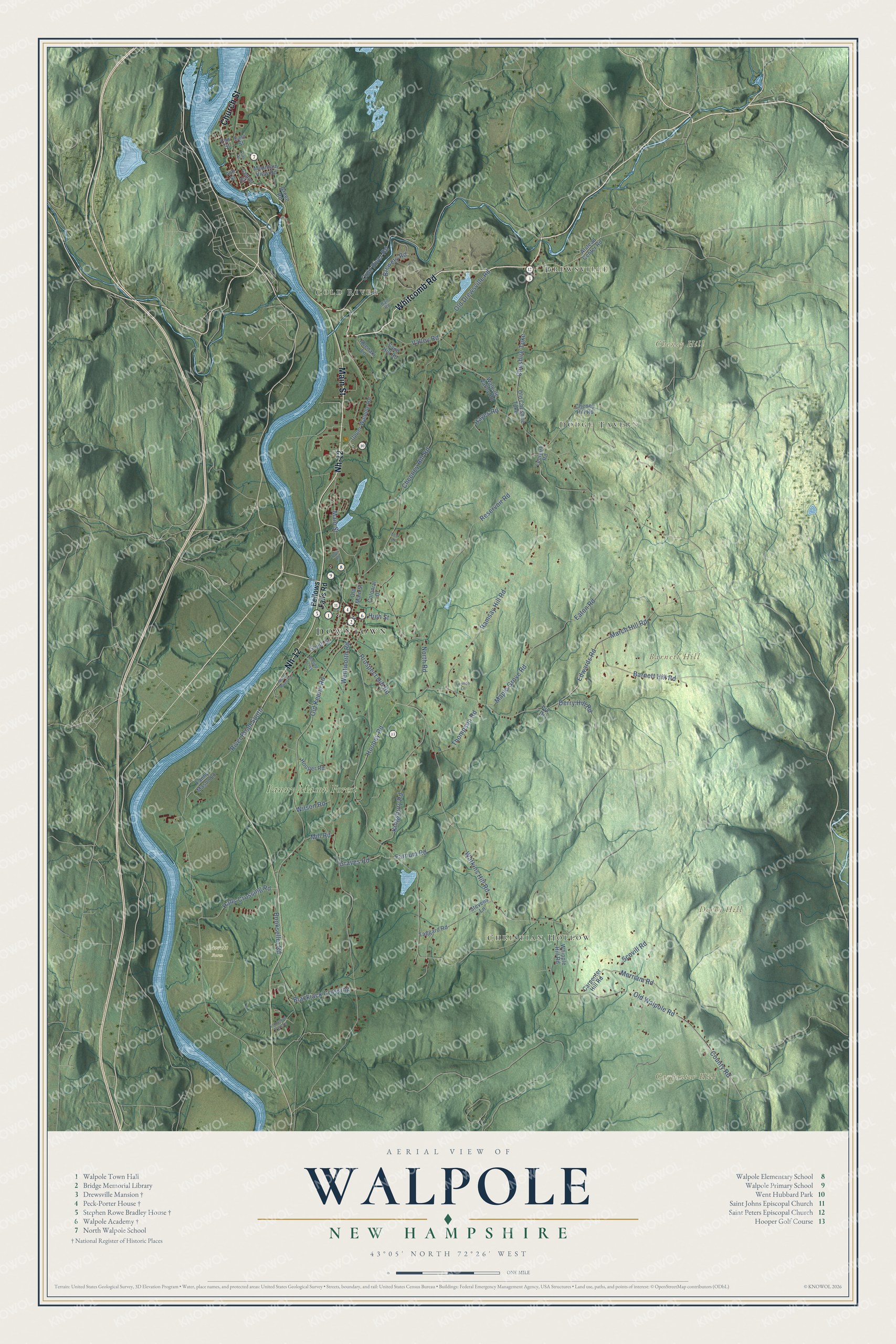 Map of Walpole, New Hampshire, with the village, North Walpole and the Connecticut River