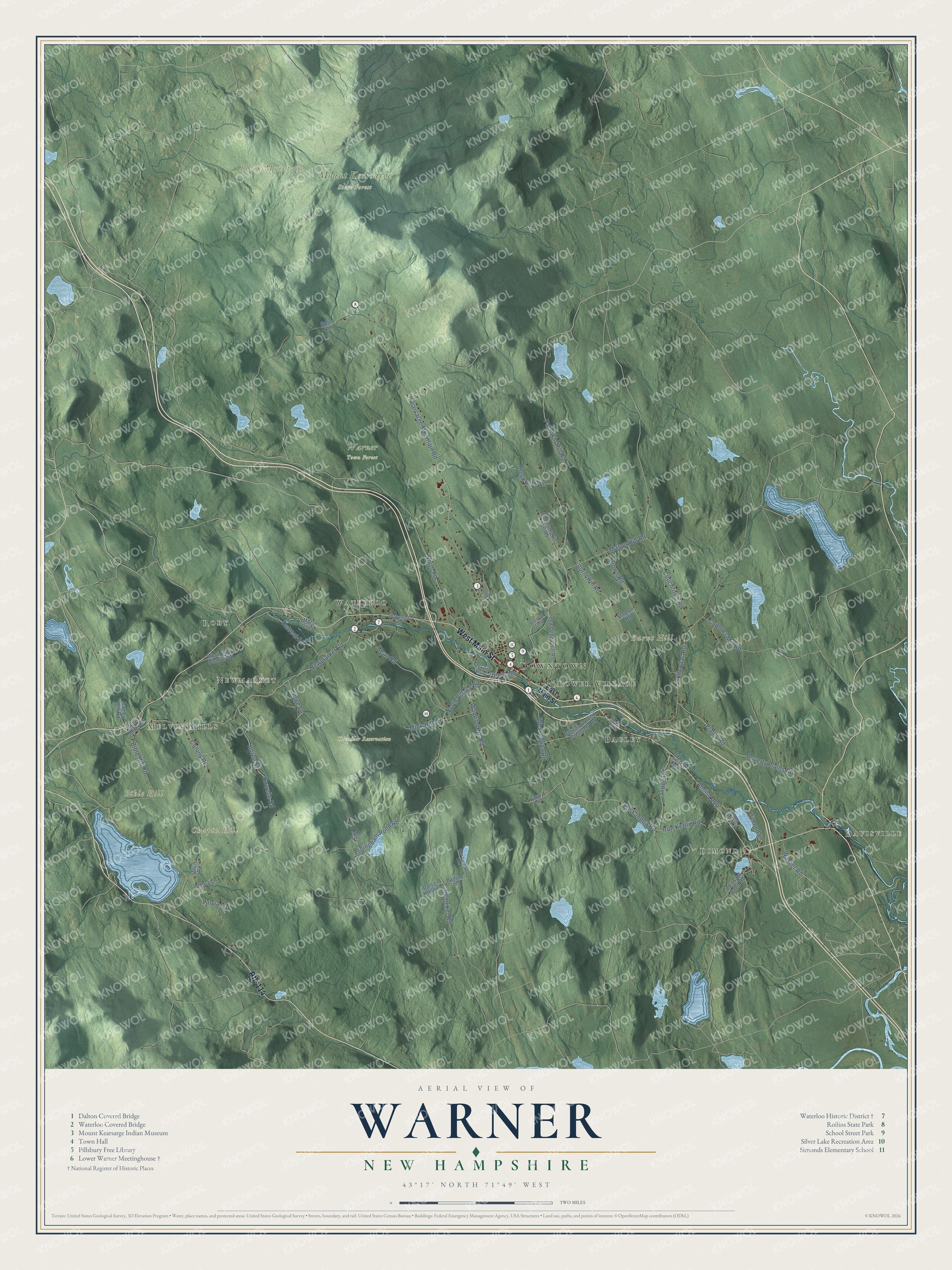 Map of Warner, New Hampshire, with Mount Kearsarge, the Warner River and its covered bridges