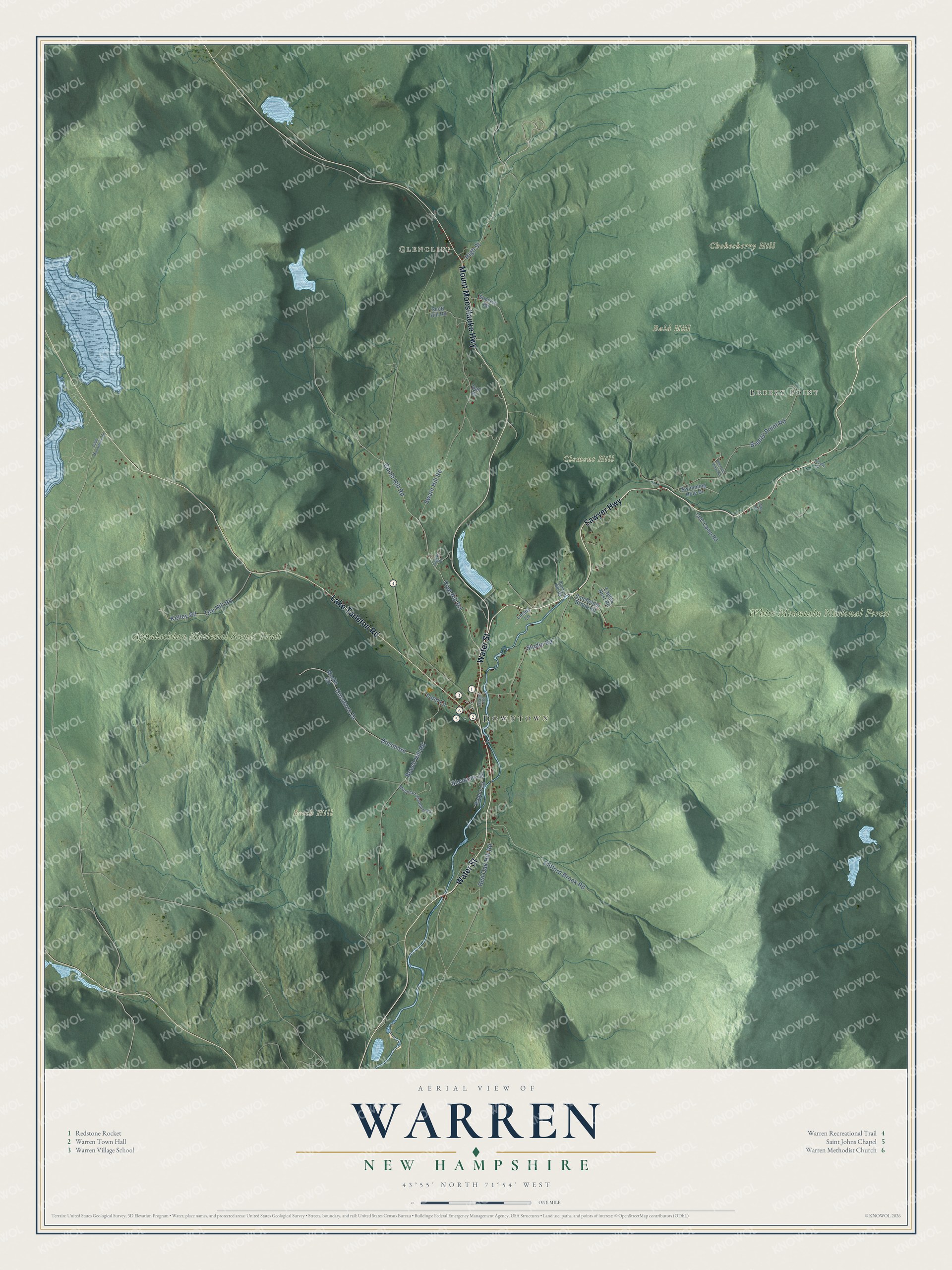 Map of Warren, New Hampshire, with Glencliff, the Baker River and the village green