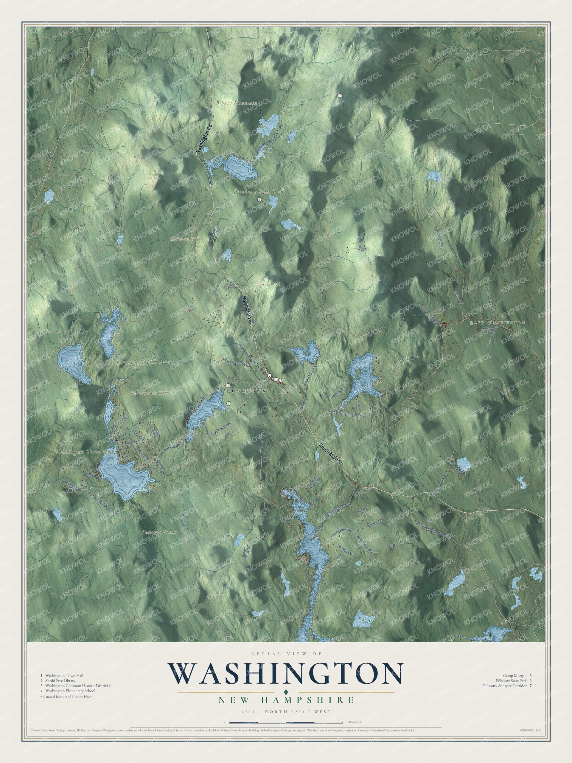 Map of Washington, New Hampshire, with the town common, East Washington and Pillsbury State Park