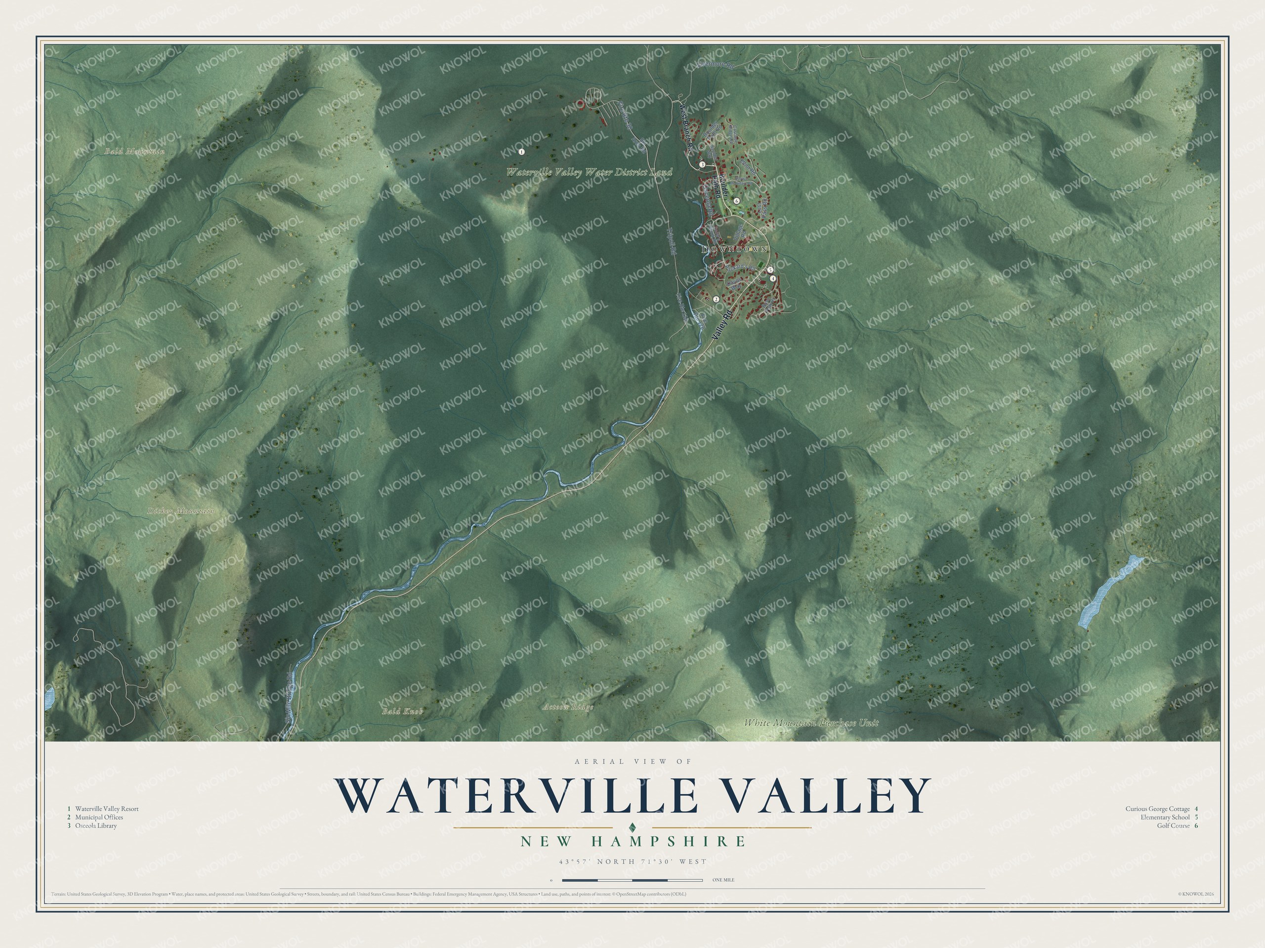 Map of Waterville Valley, New Hampshire, with the resort, Dickey Mountain and the Mad River