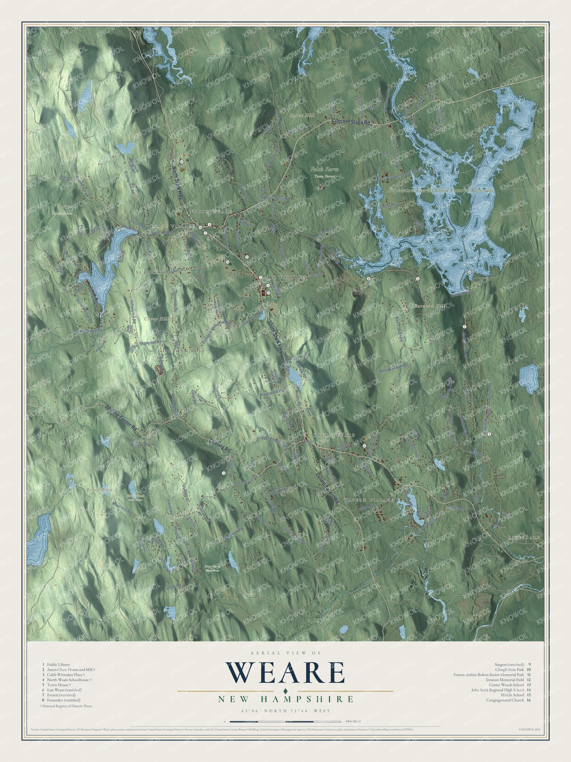 Map of Weare, New Hampshire, with Riverdale, Tavern Village and the Amos Chase House and Mill