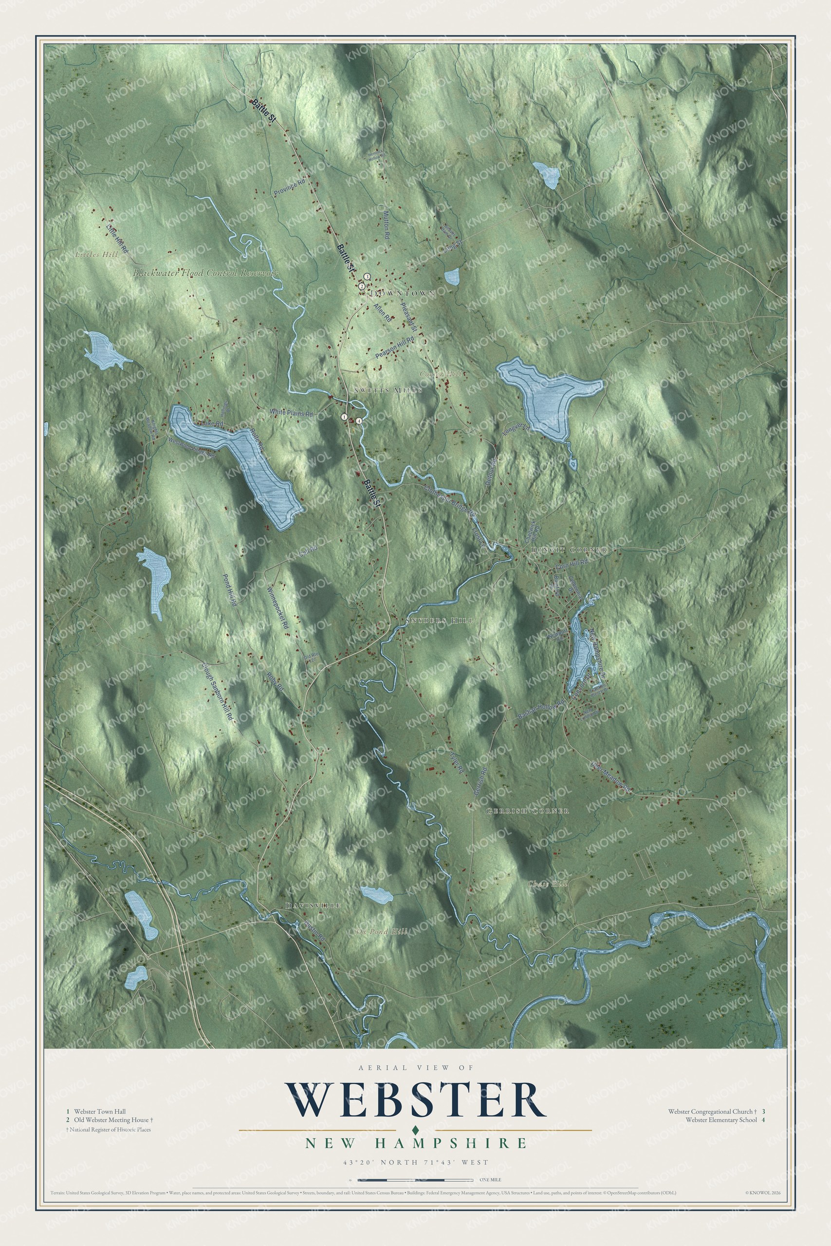 Map of Webster, New Hampshire, with Corser Hill, Chase Hill and the Old Webster Meeting House