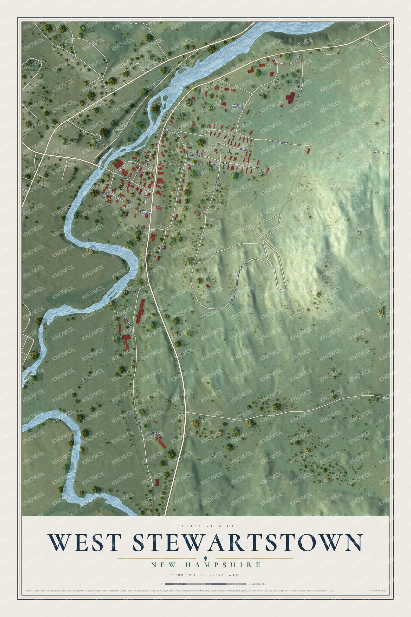Full map of West Stewartstown, New Hampshire, with red buildings, printed street names and the land around them