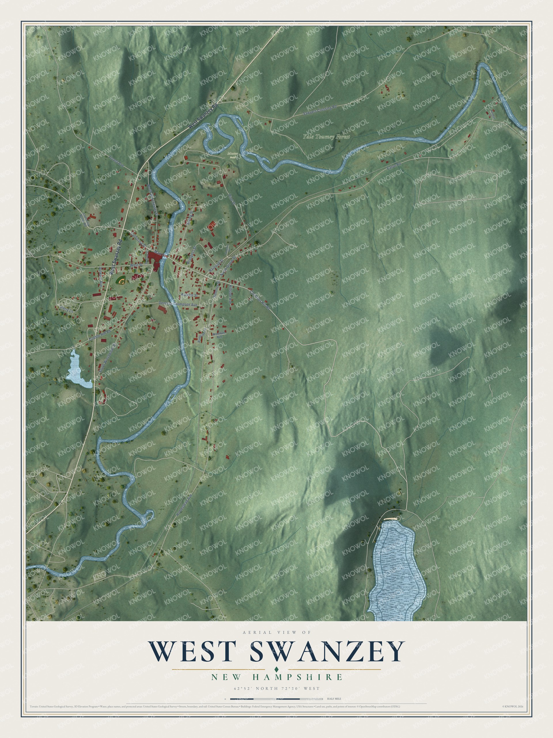 Full map of West Swanzey, New Hampshire, with red buildings, printed street names and the land around them