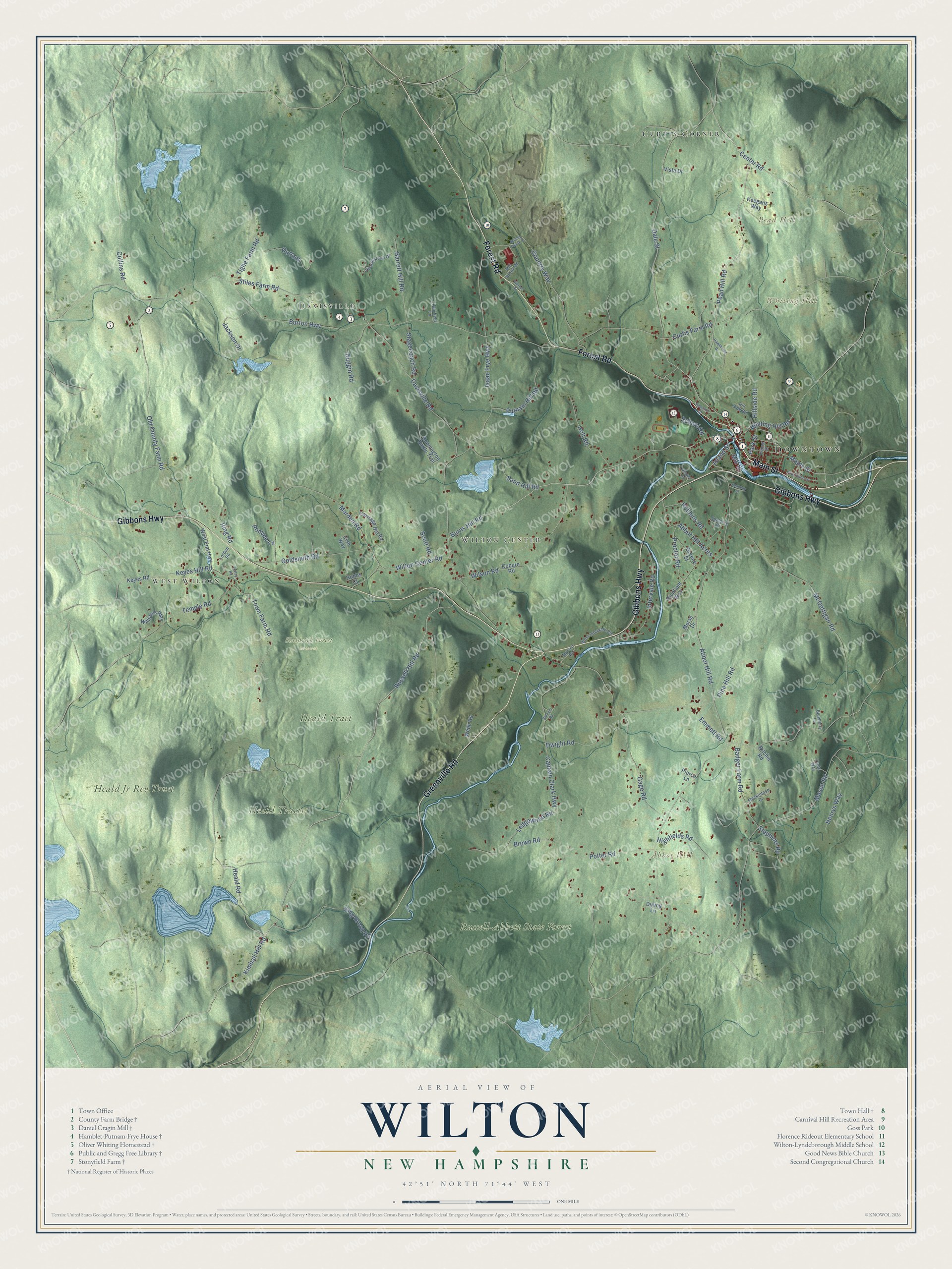 Map of Wilton, New Hampshire, with Curtis Corner, Davisville and the County Farm Bridge