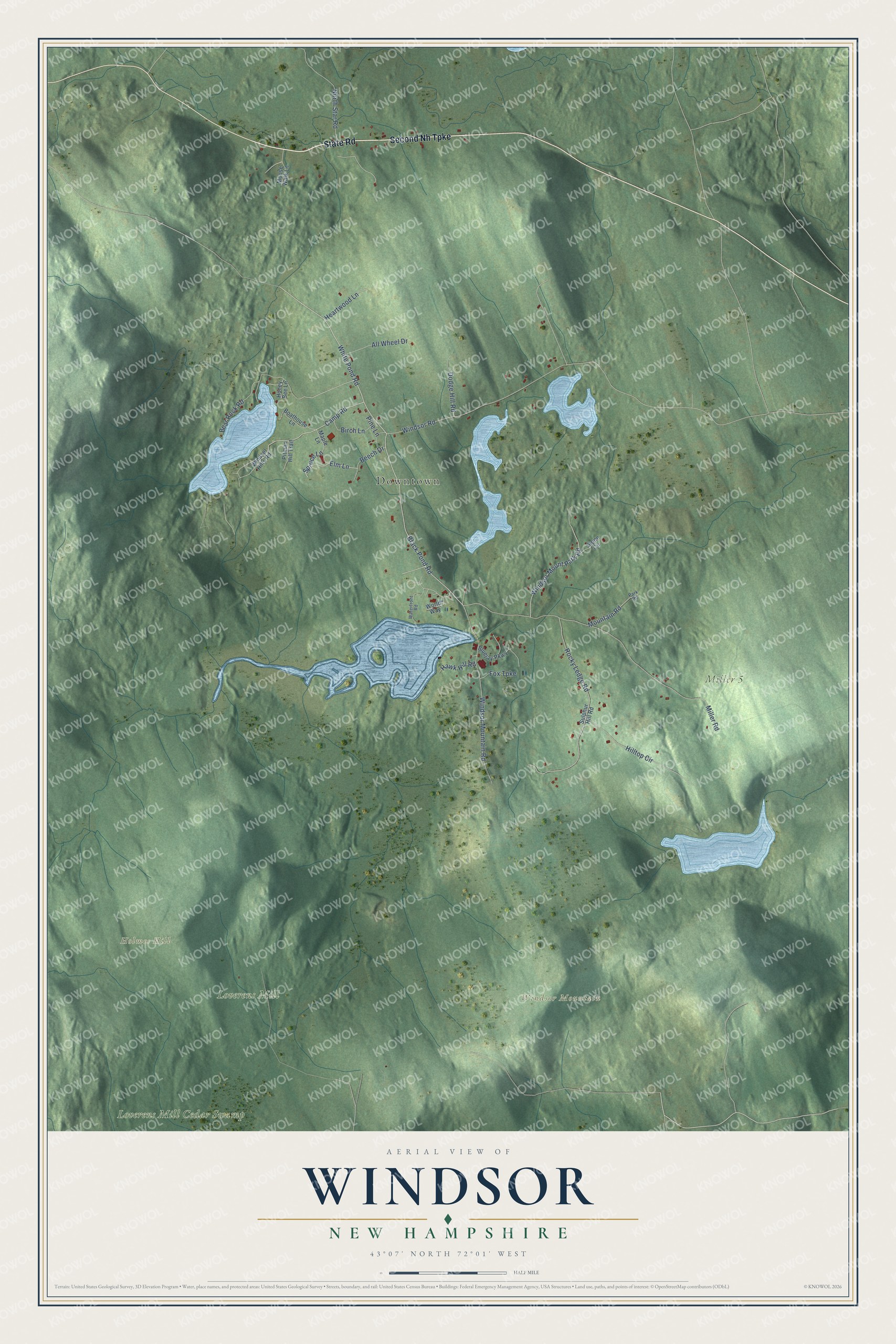 Map of Windsor, New Hampshire, with Windsor Mountain and Holmes Hill