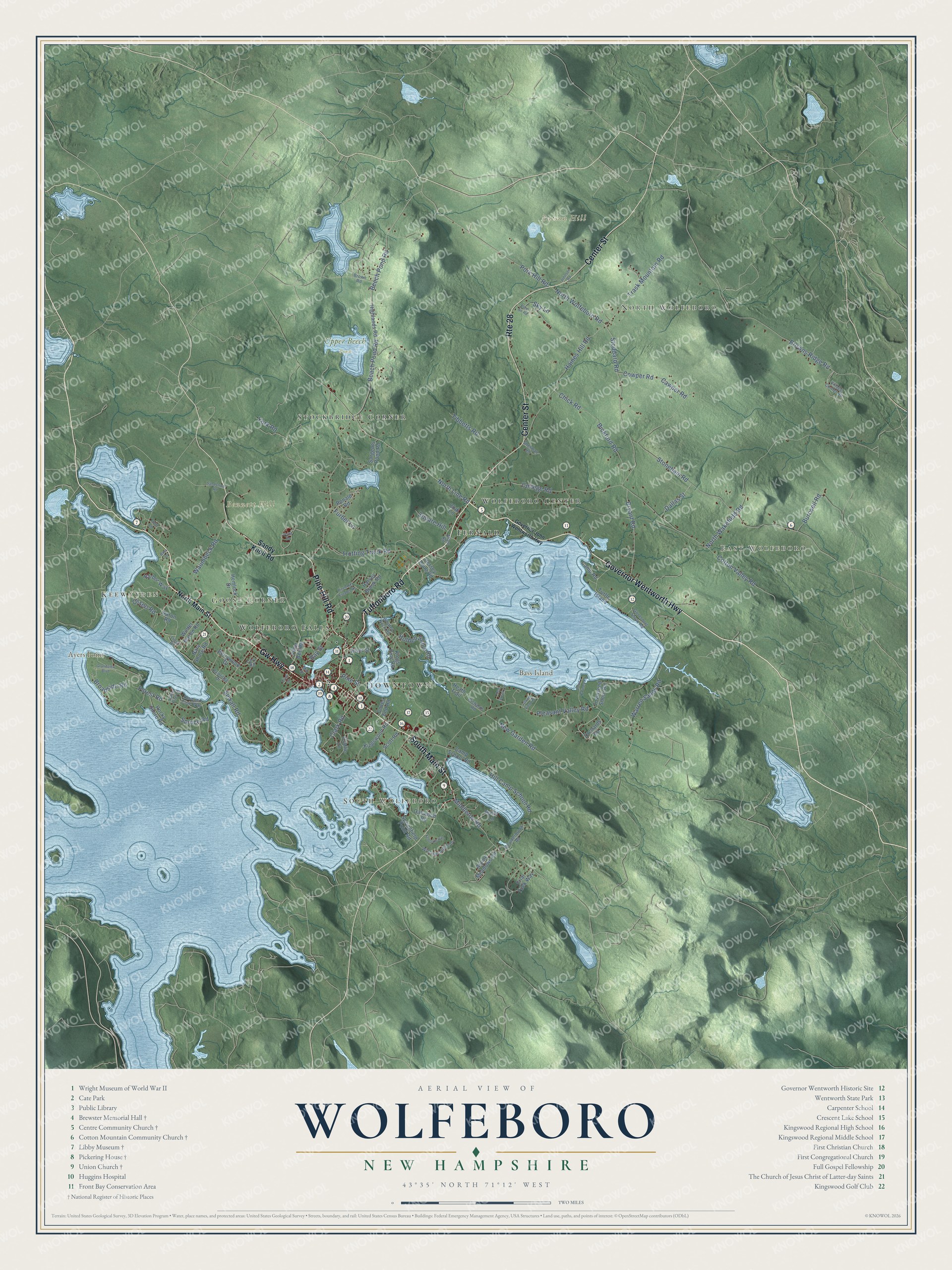 Map of Wolfeboro, New Hampshire, with Goose Corner, Keewayden and Brewster Memorial Hall