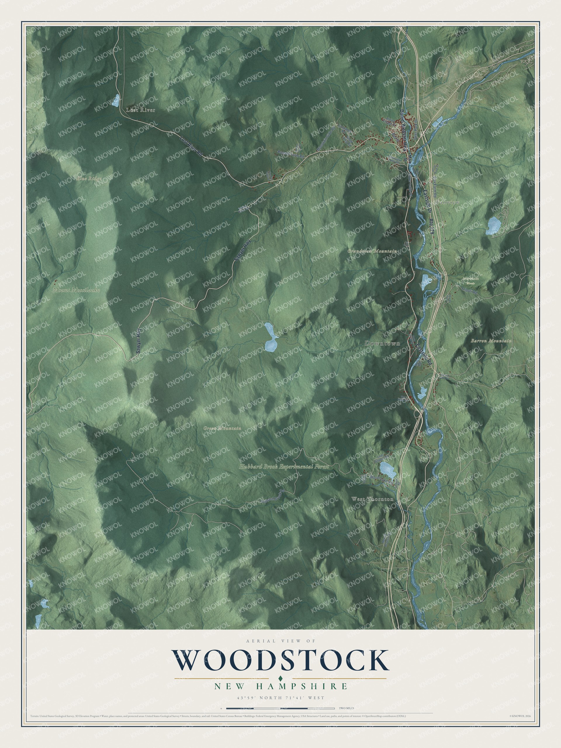 Map of Woodstock, New Hampshire, with the Lost River, Barron Mountain and Blue Ridge