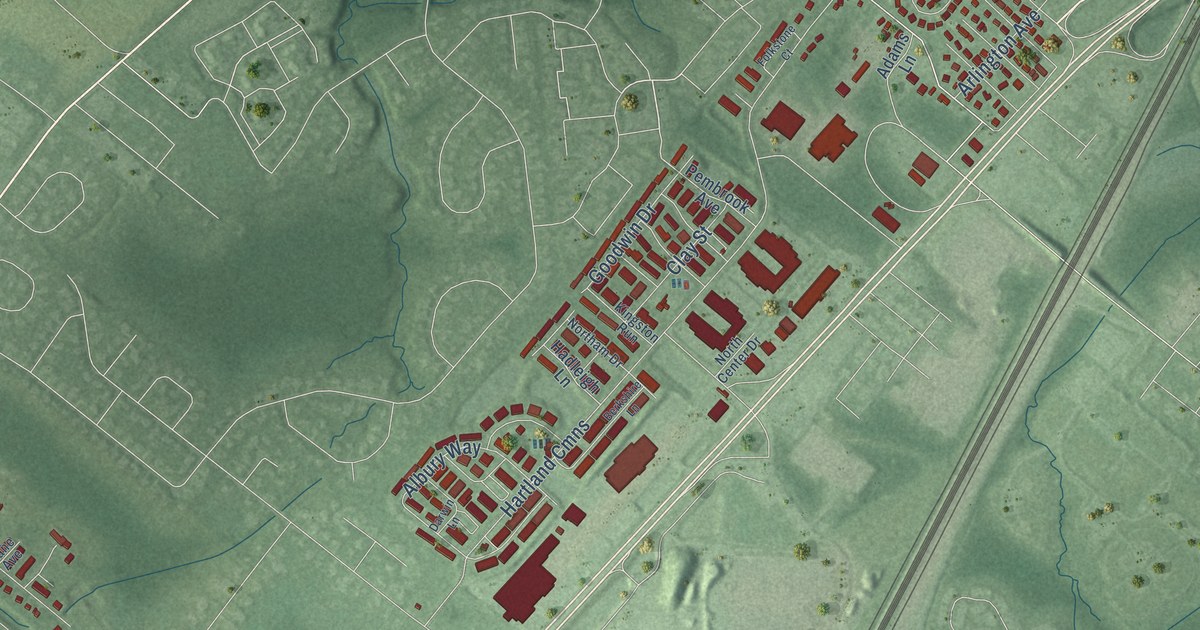Close-up of streets and buildings in Adams, New Jersey