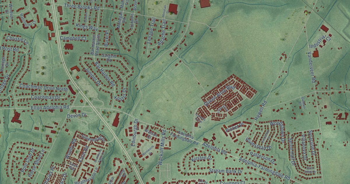 Close-up of streets and buildings in Adelphia, New Jersey