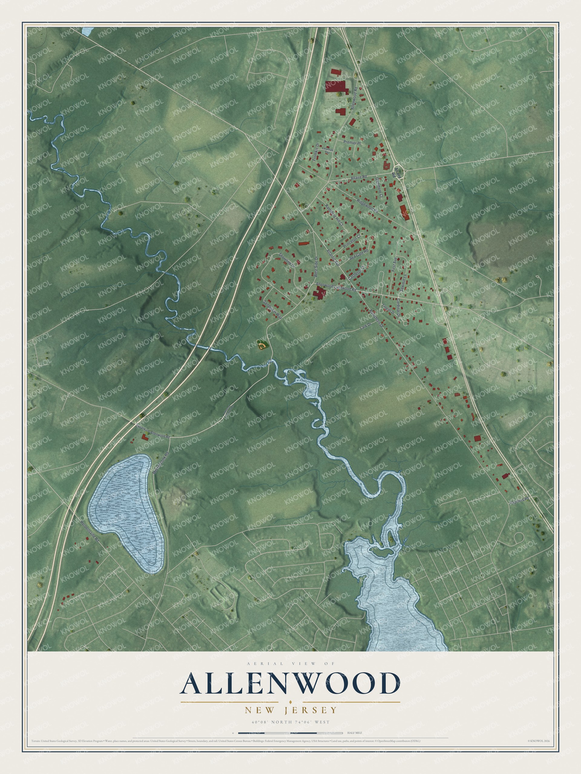 Full map of Allenwood, New Jersey, with red buildings, printed street names and the land around them