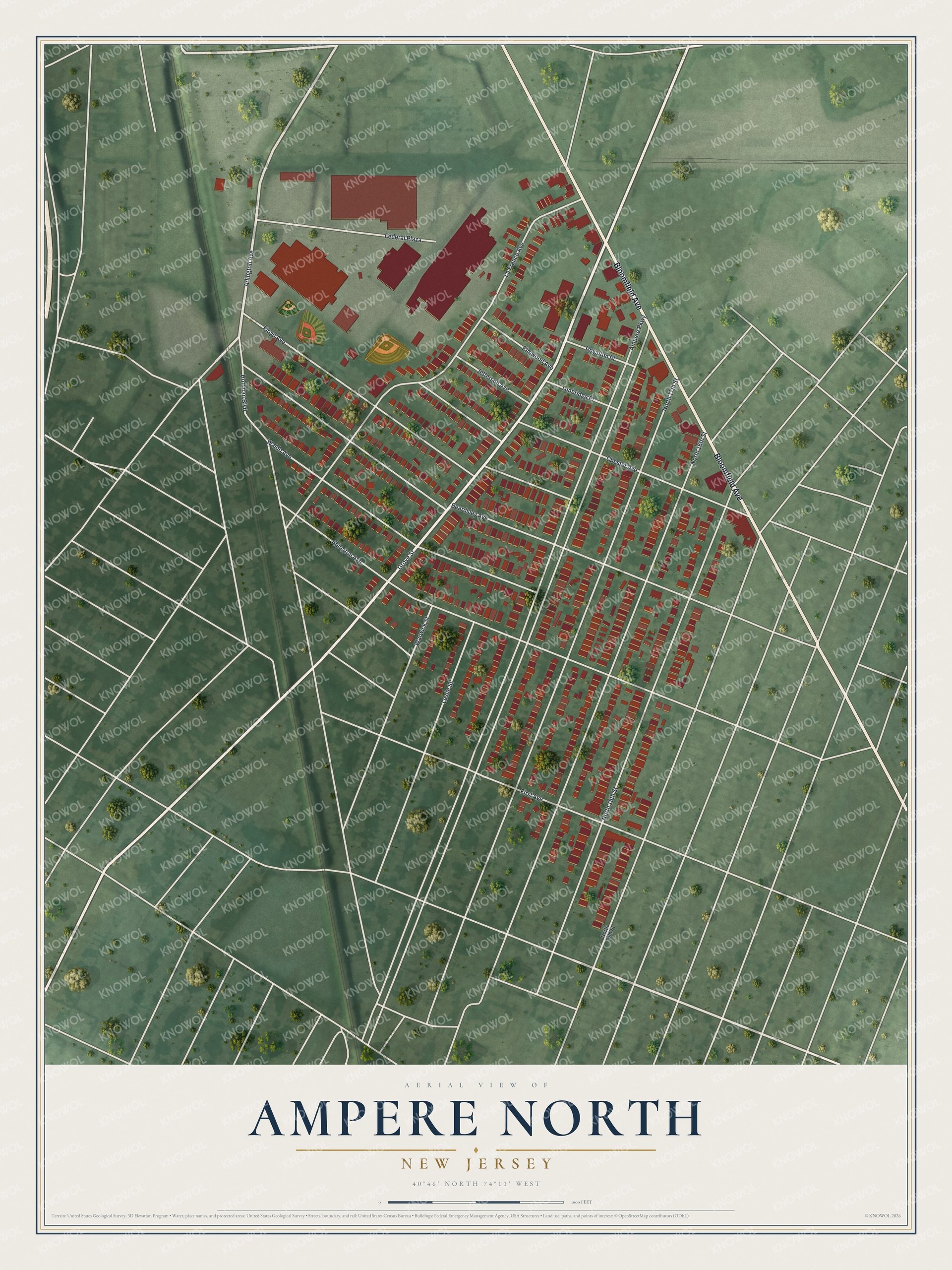 Full map of Ampere North, New Jersey, with red buildings, printed street names and the land around them