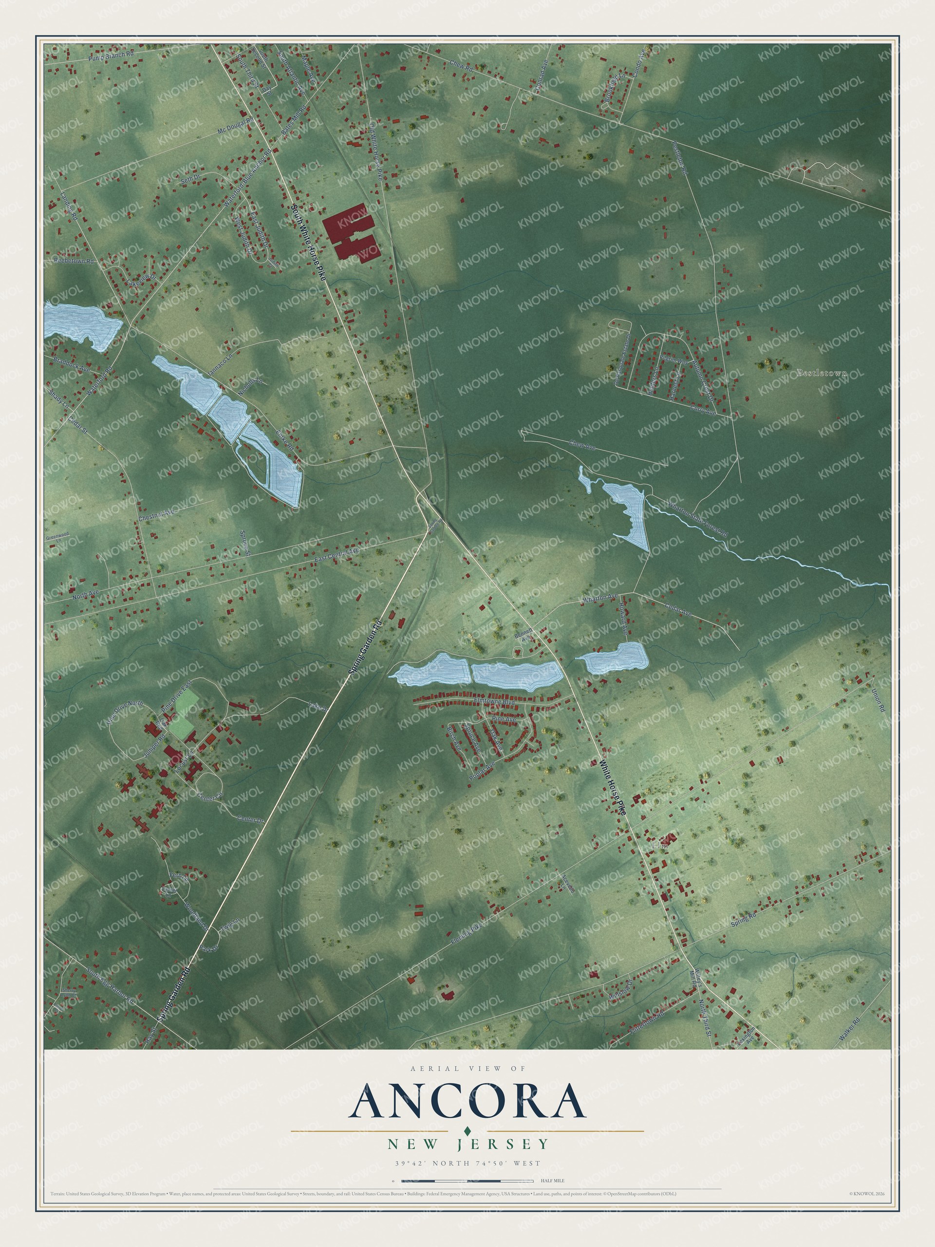Full map of Ancora, New Jersey, with red buildings, printed street names and the land around them