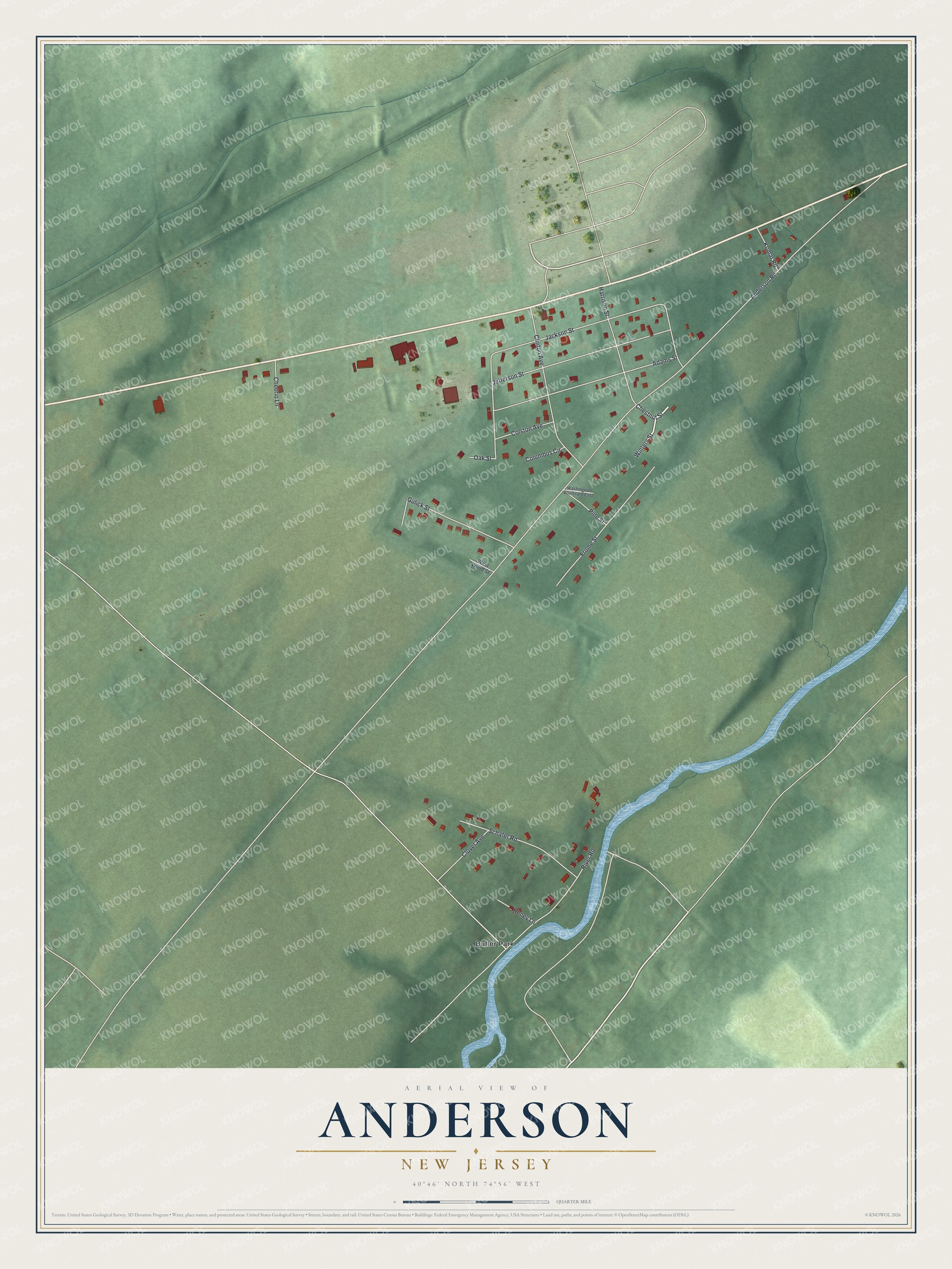Full map of Anderson, New Jersey, with red buildings, printed street names and the land around them