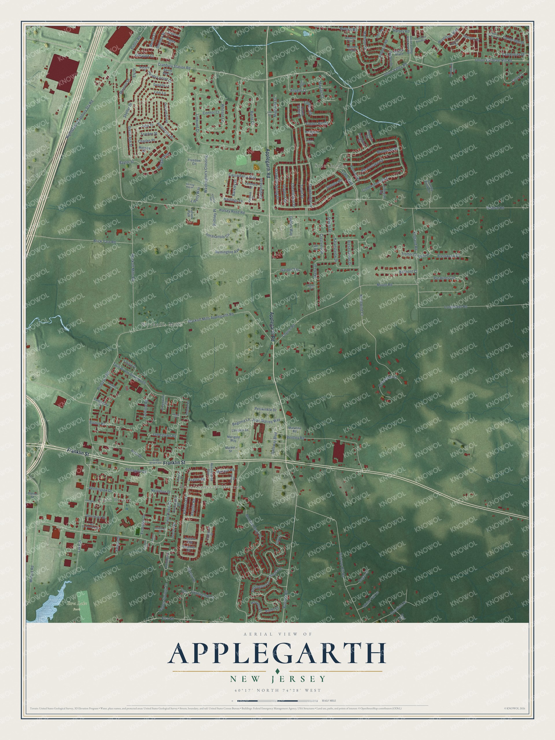 Full map of Applegarth, New Jersey, with red buildings, printed street names and the land around them