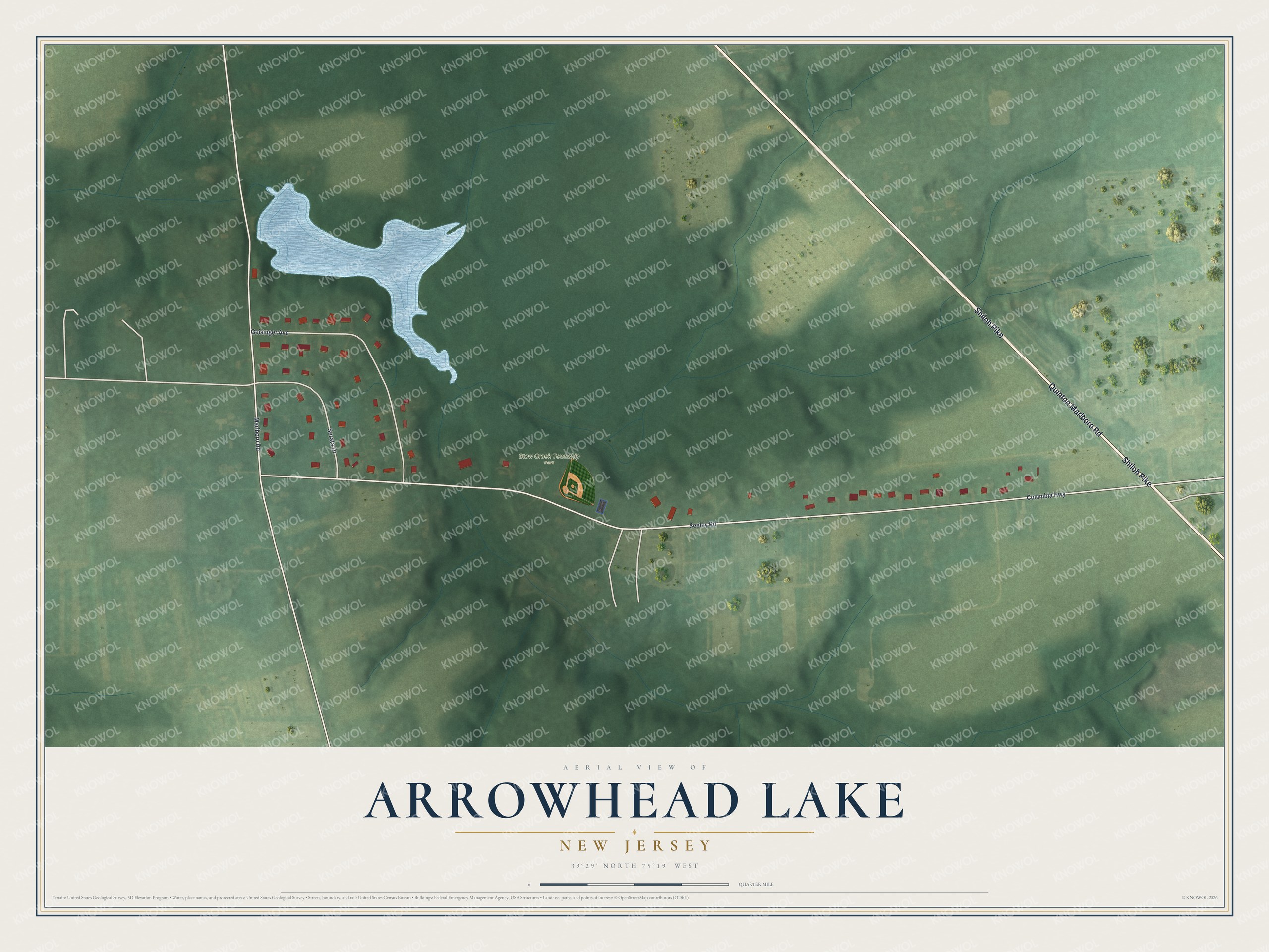 Full map of Arrowhead Lake, New Jersey, with red buildings, printed street names and the land around them