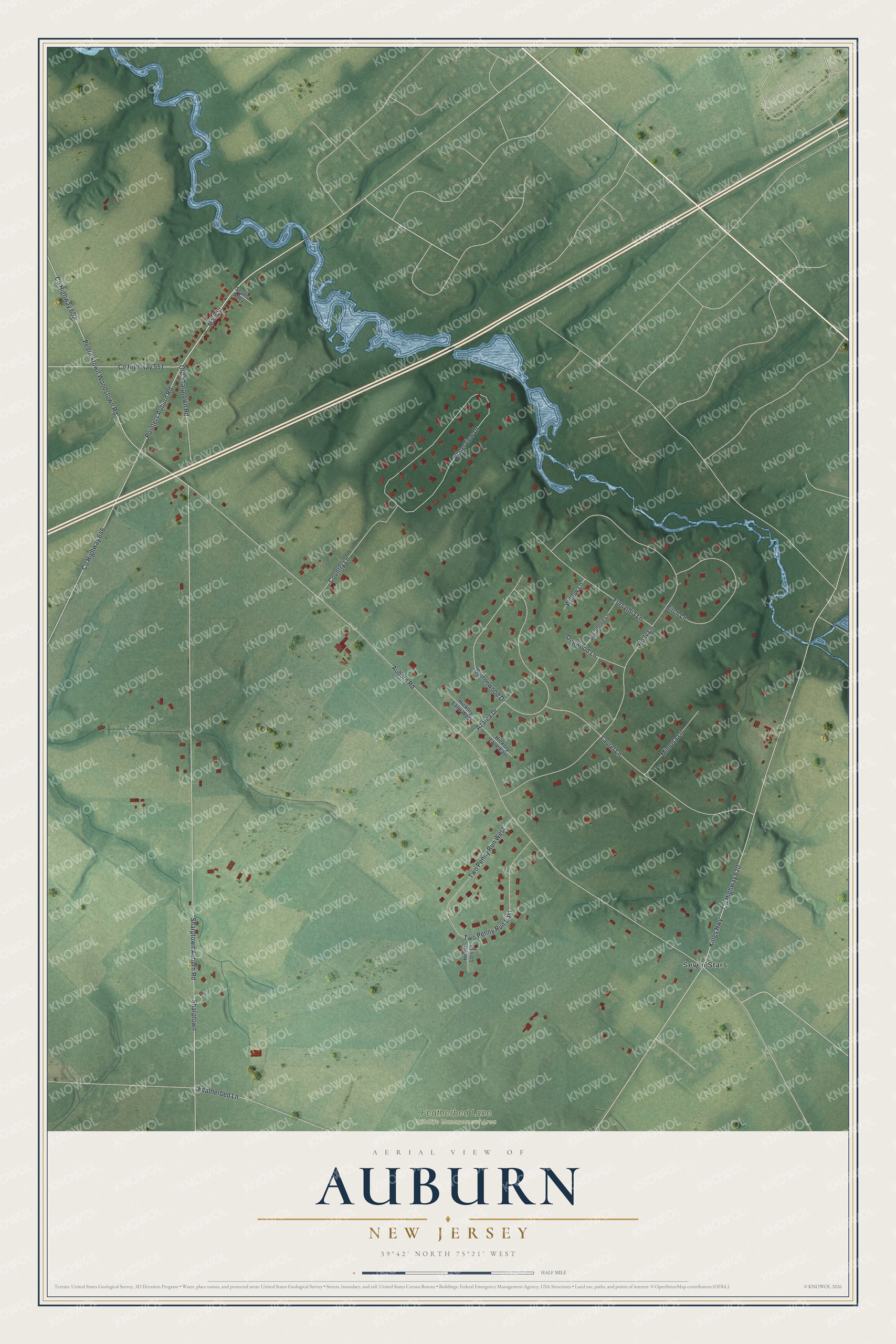 Full map of Auburn, New Jersey, with red buildings, printed street names and the land around them