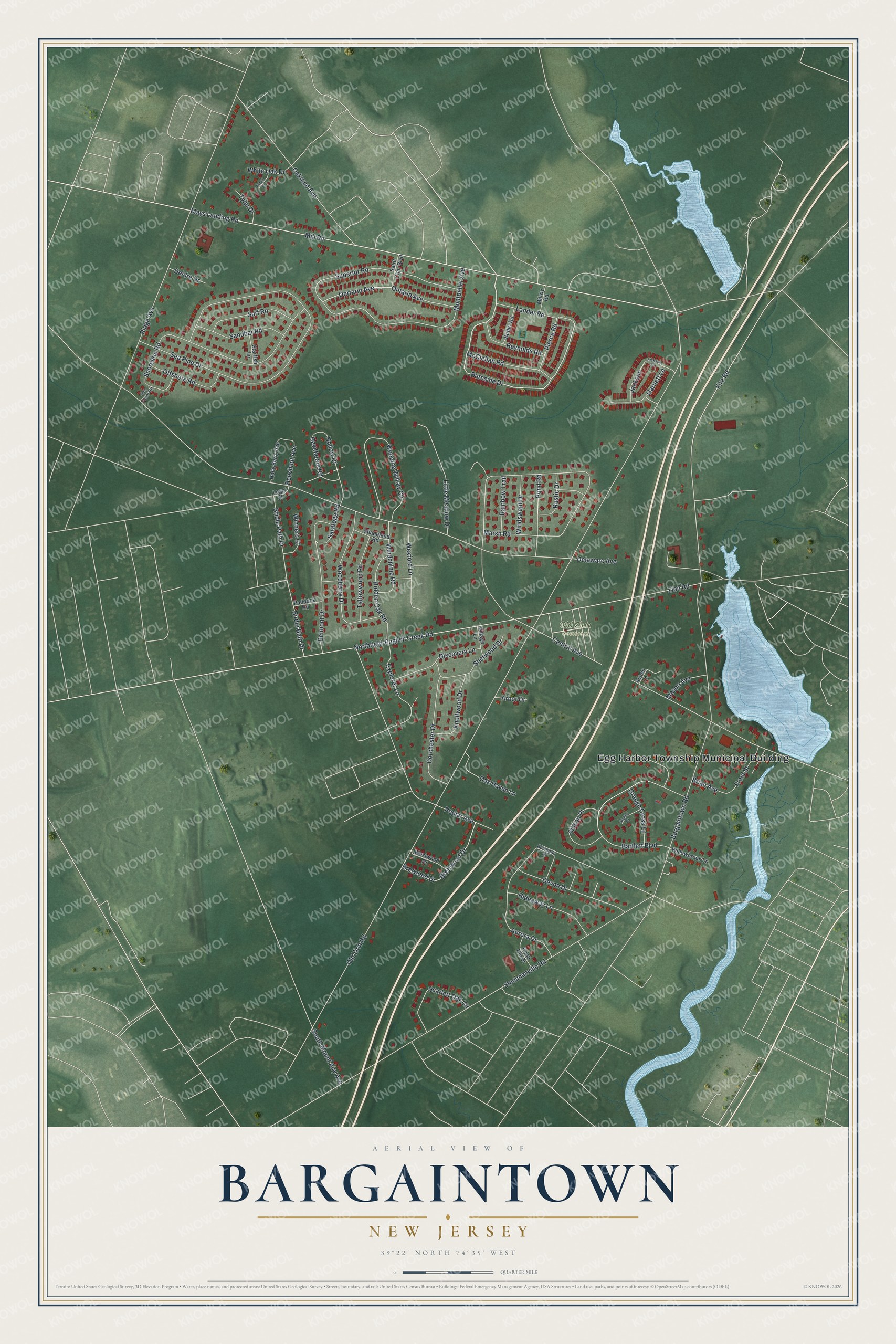 Full map of Bargaintown, New Jersey, with red buildings, printed street names and the land around them