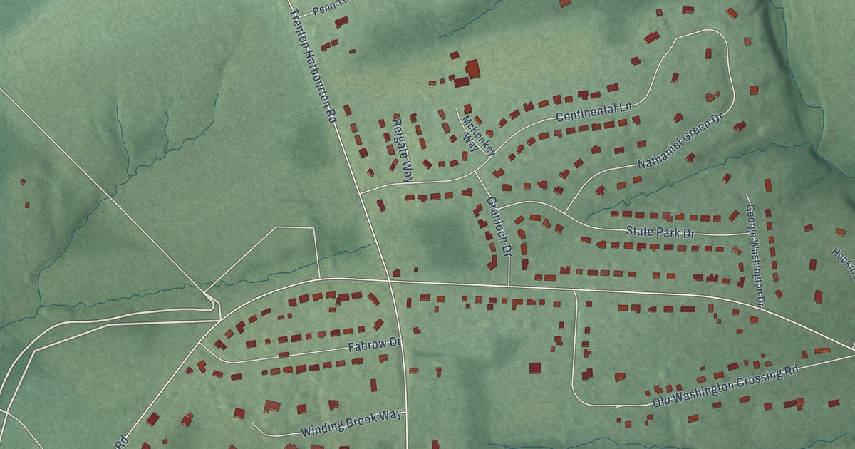 Close-up of streets and buildings in Bear Tavern, New Jersey
