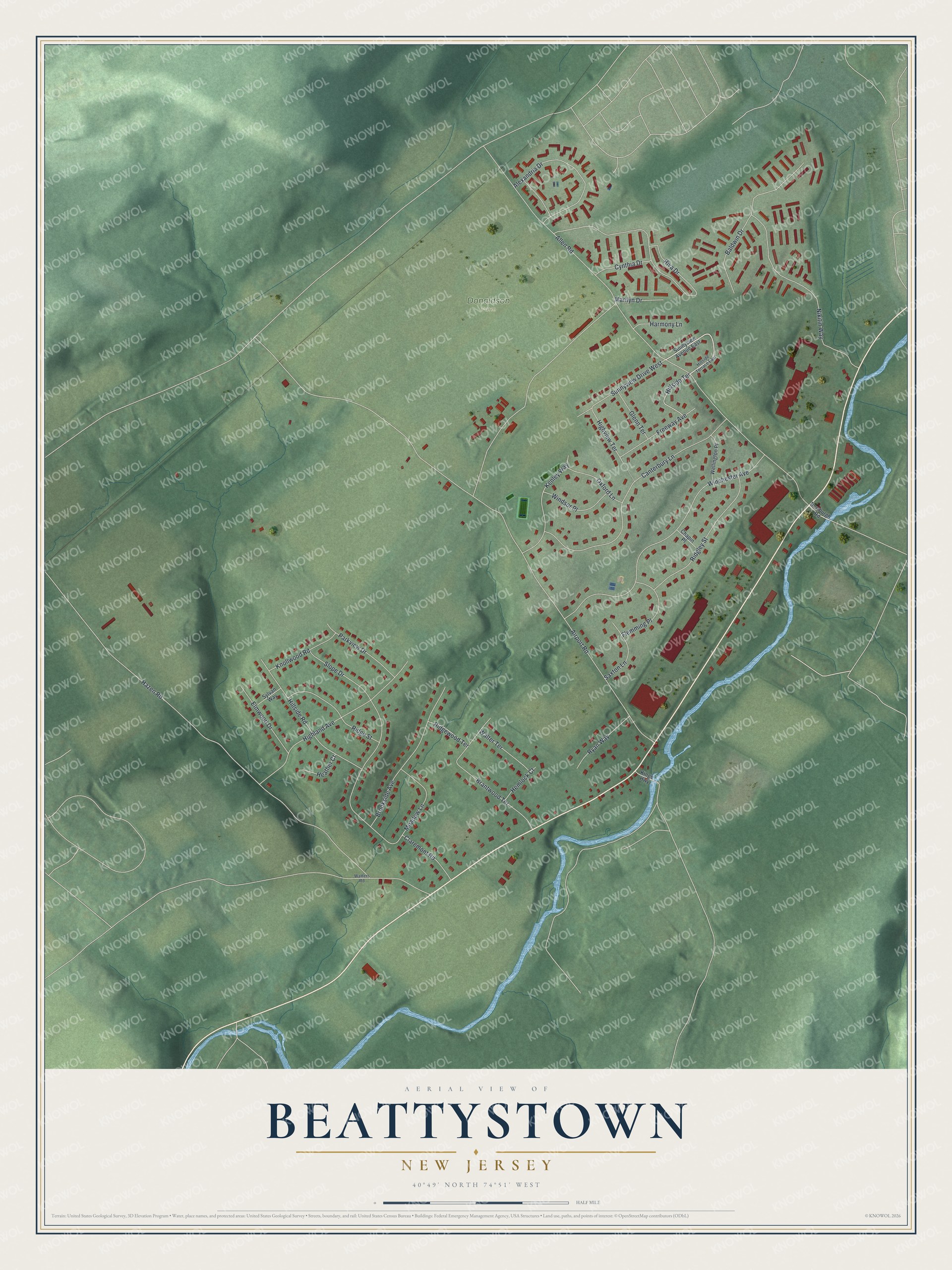 Full map of Beattystown, New Jersey, with red buildings, printed street names and the land around them