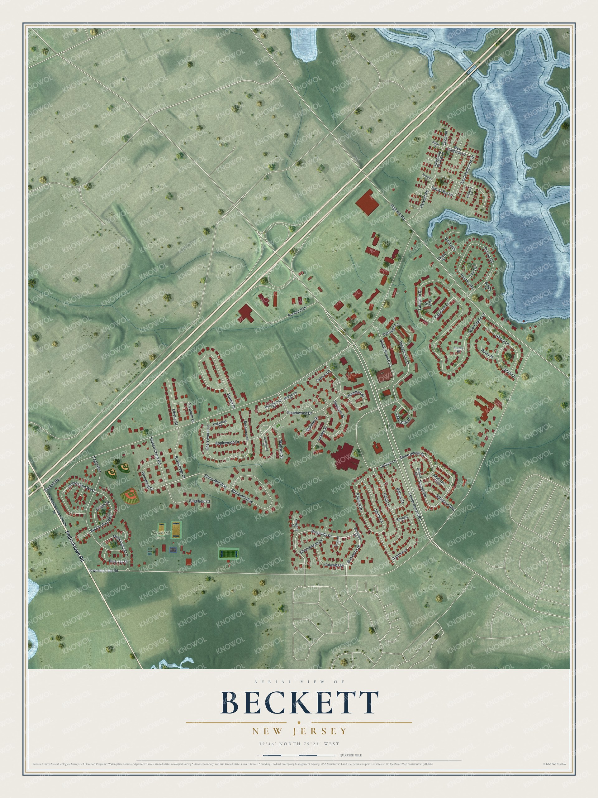 Full map of Beckett, New Jersey, with red buildings, printed street names and the land around them