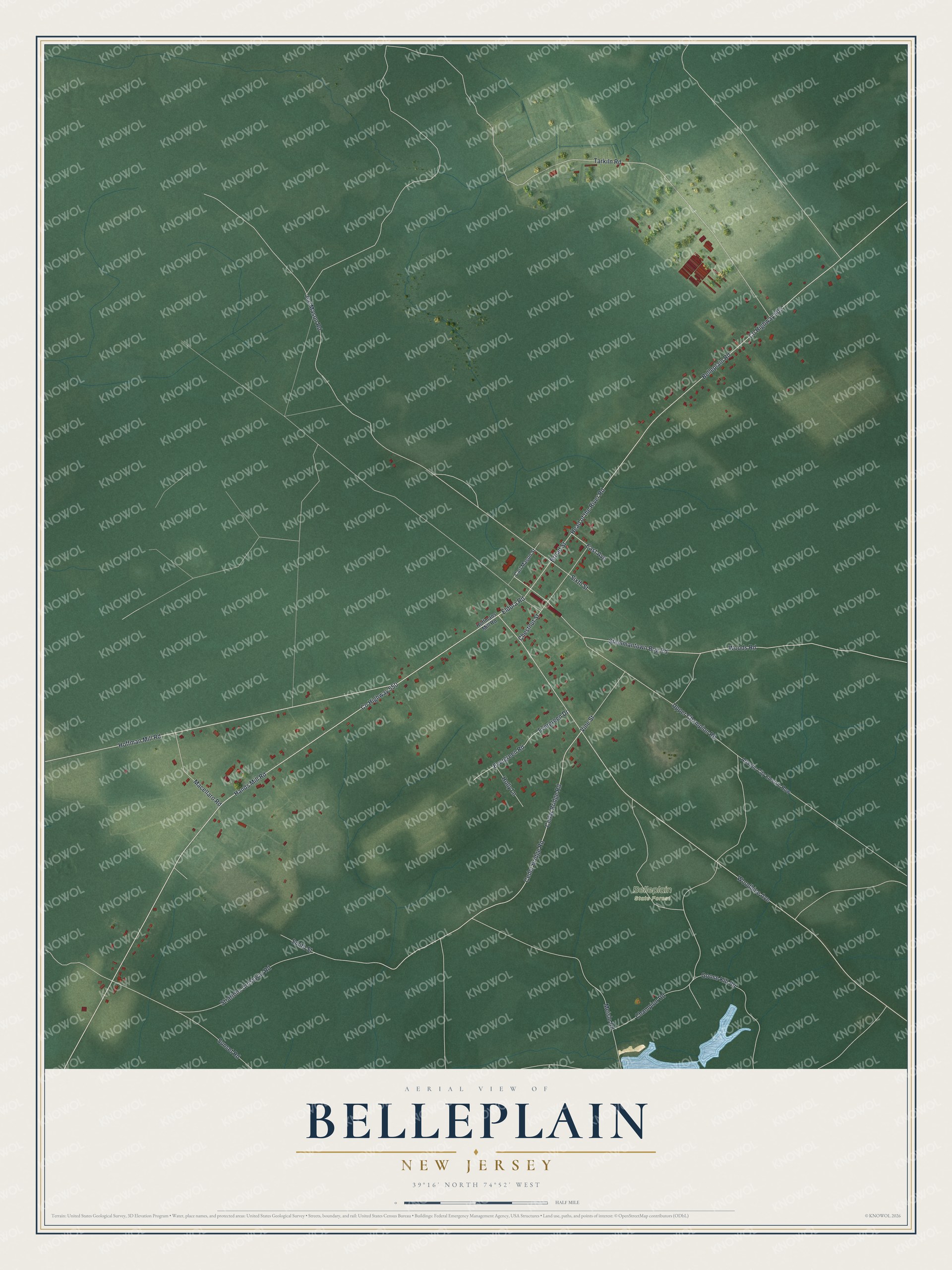 Full map of Belleplain, New Jersey, with red buildings, printed street names and the land around them