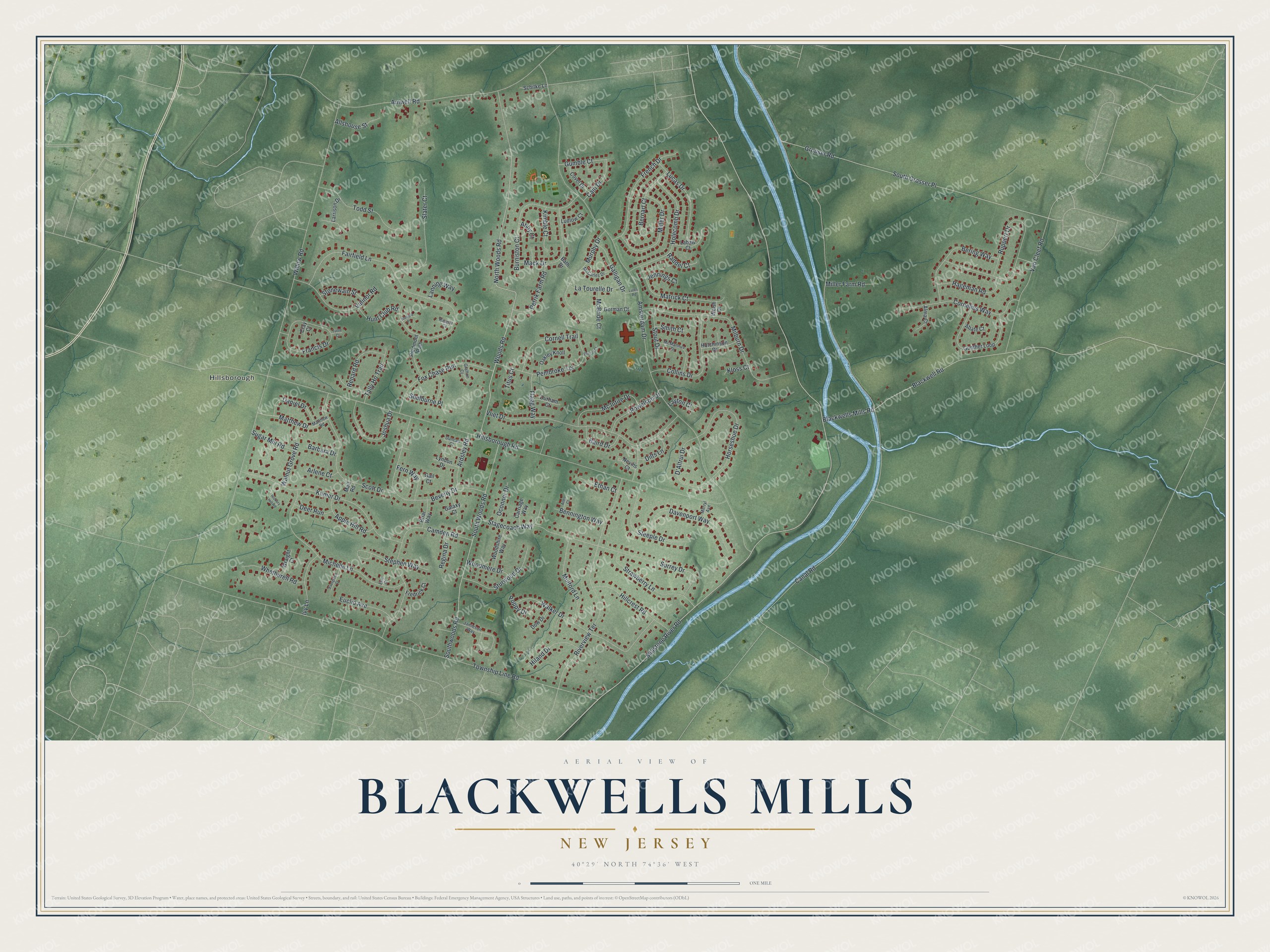 Full map of Blackwells Mills, New Jersey, with red buildings, printed street names and the land around them