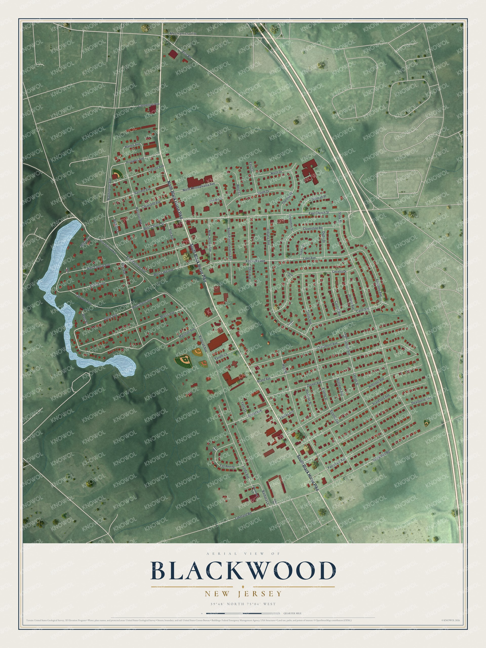 Full map of Blackwood, New Jersey, with red buildings, printed street names and the land around them