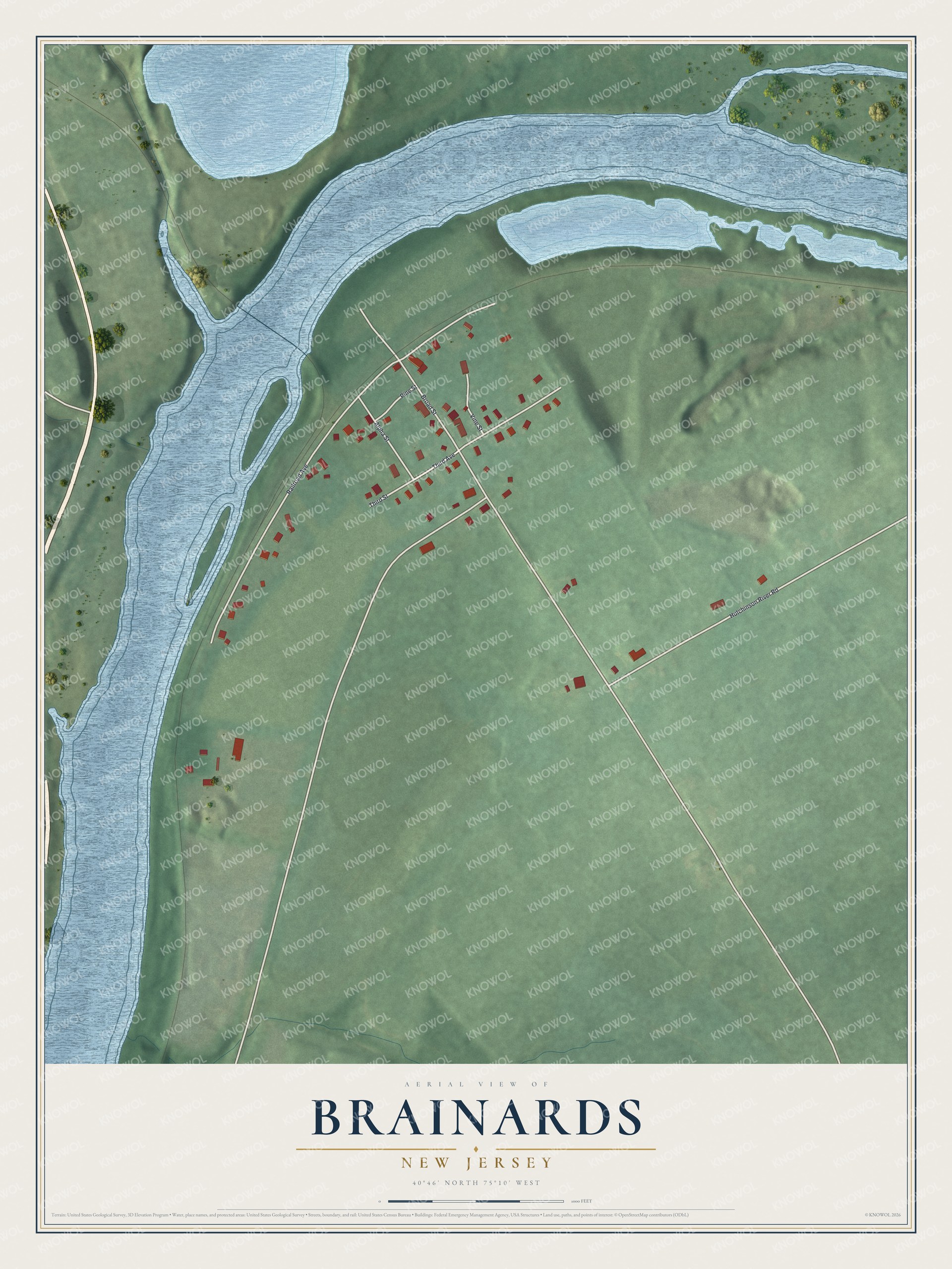 Full map of Brainards, New Jersey, with red buildings, printed street names and the land around them