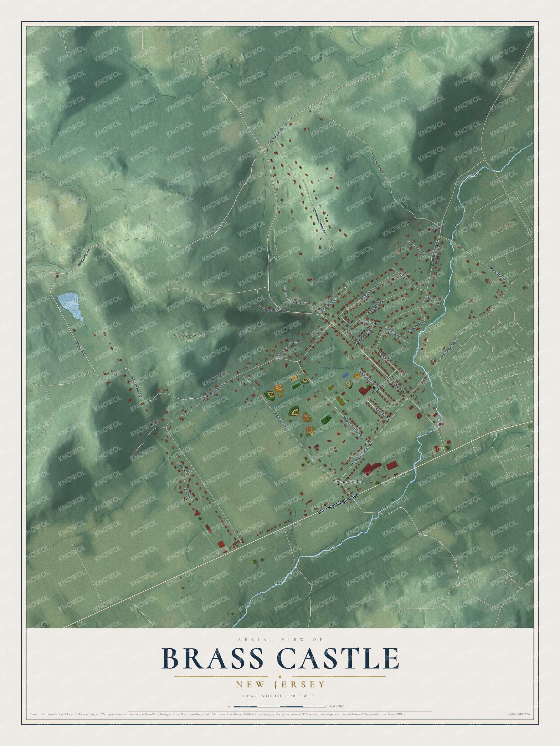 Full map of Brass Castle, New Jersey, with red buildings, printed street names and the land around them