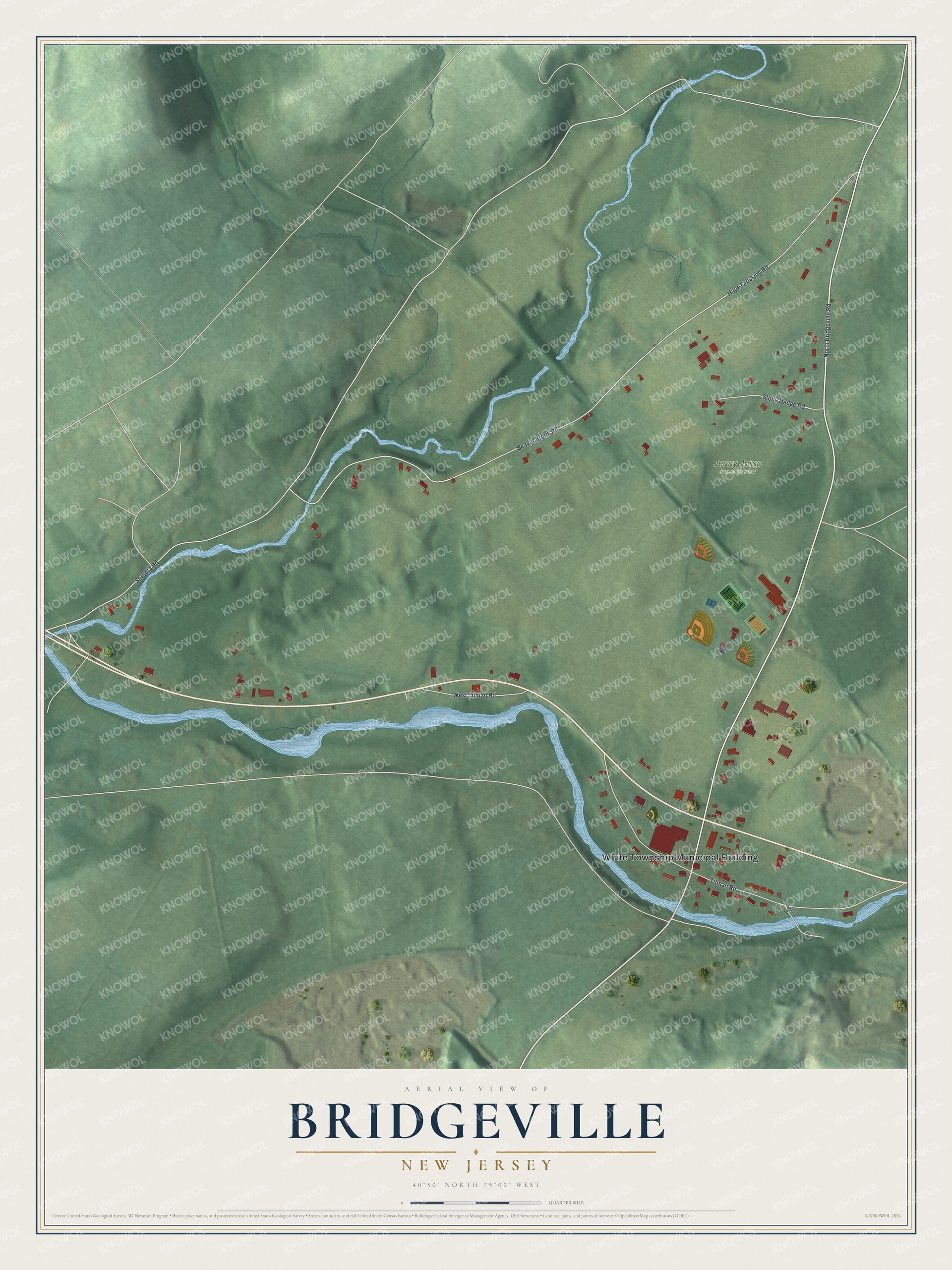 Full map of Bridgeville, New Jersey, with red buildings, printed street names and the land around them