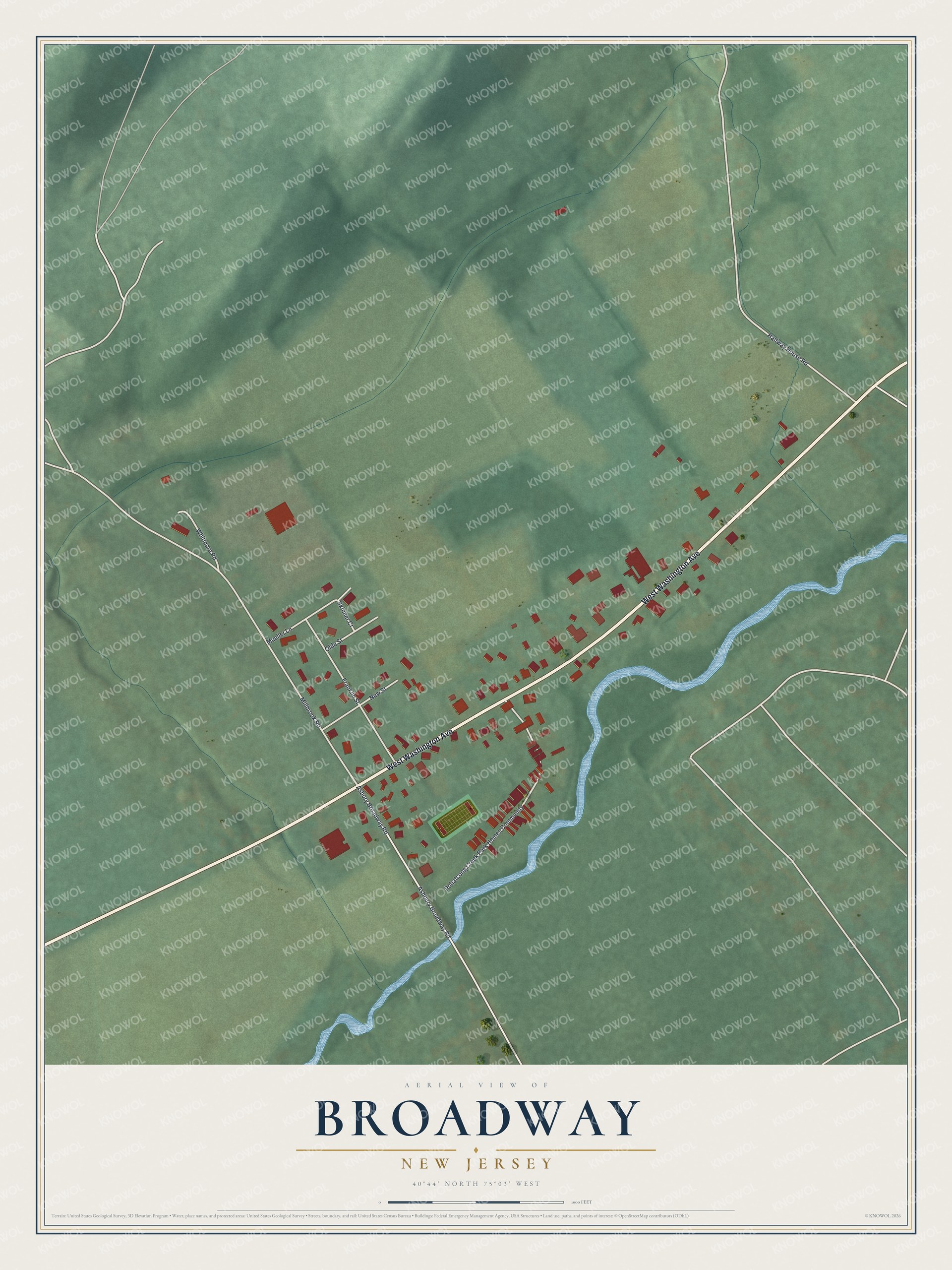 Full map of Broadway, New Jersey, with red buildings, printed street names and the land around them