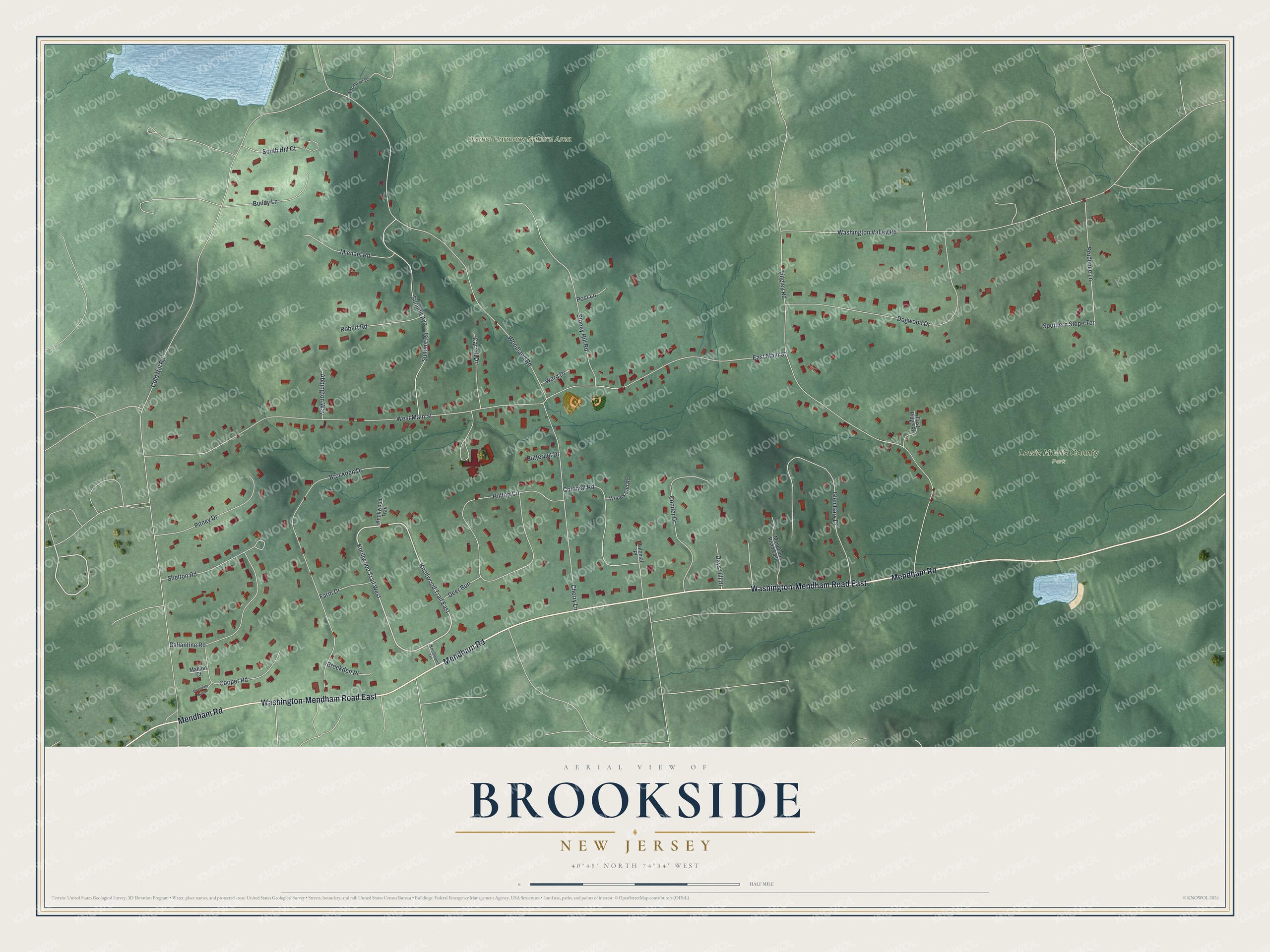 Full map of Brookside, New Jersey, with red buildings, printed street names and the land around them