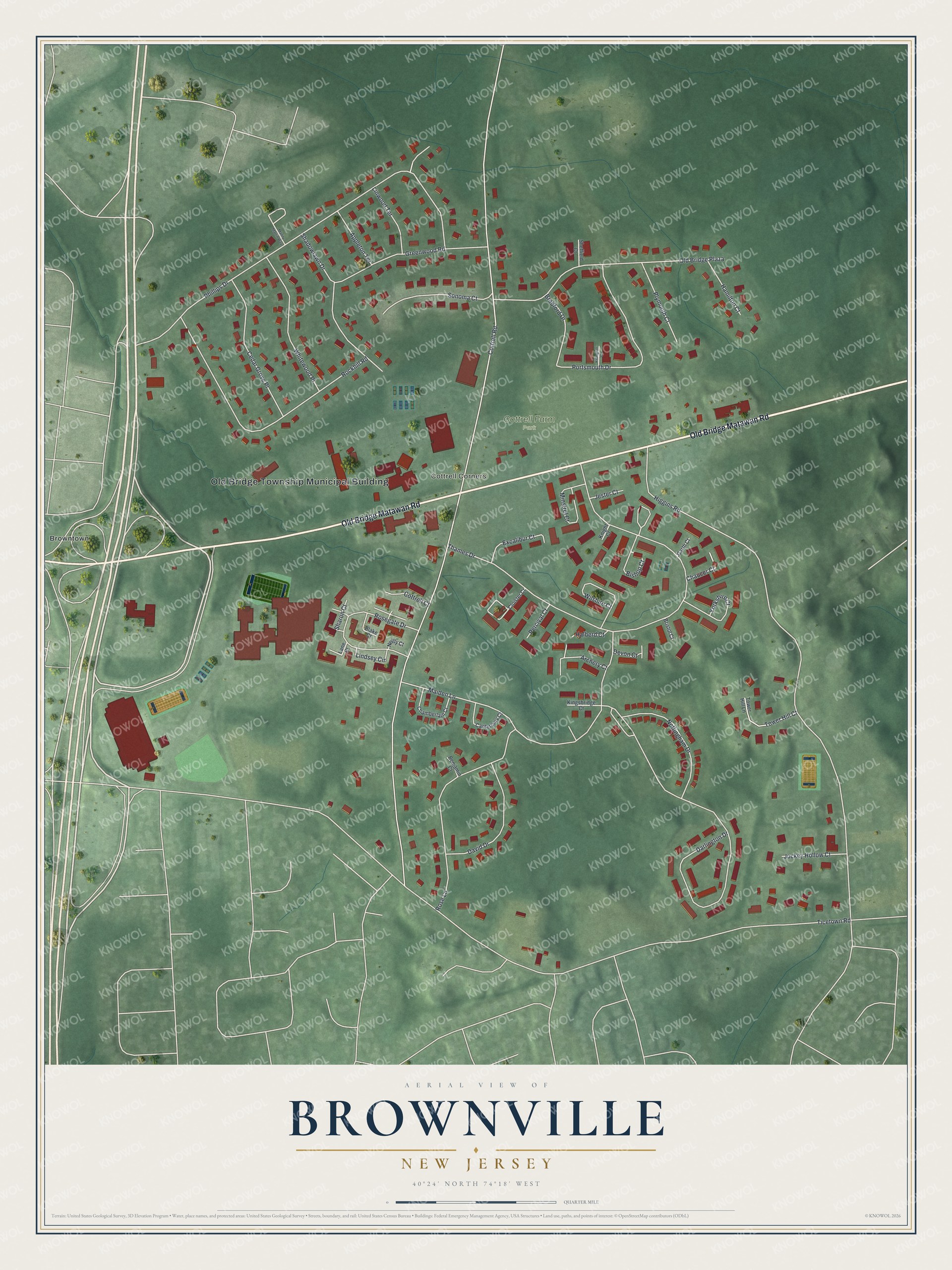 Full map of Brownville, New Jersey, with red buildings, printed street names and the land around them