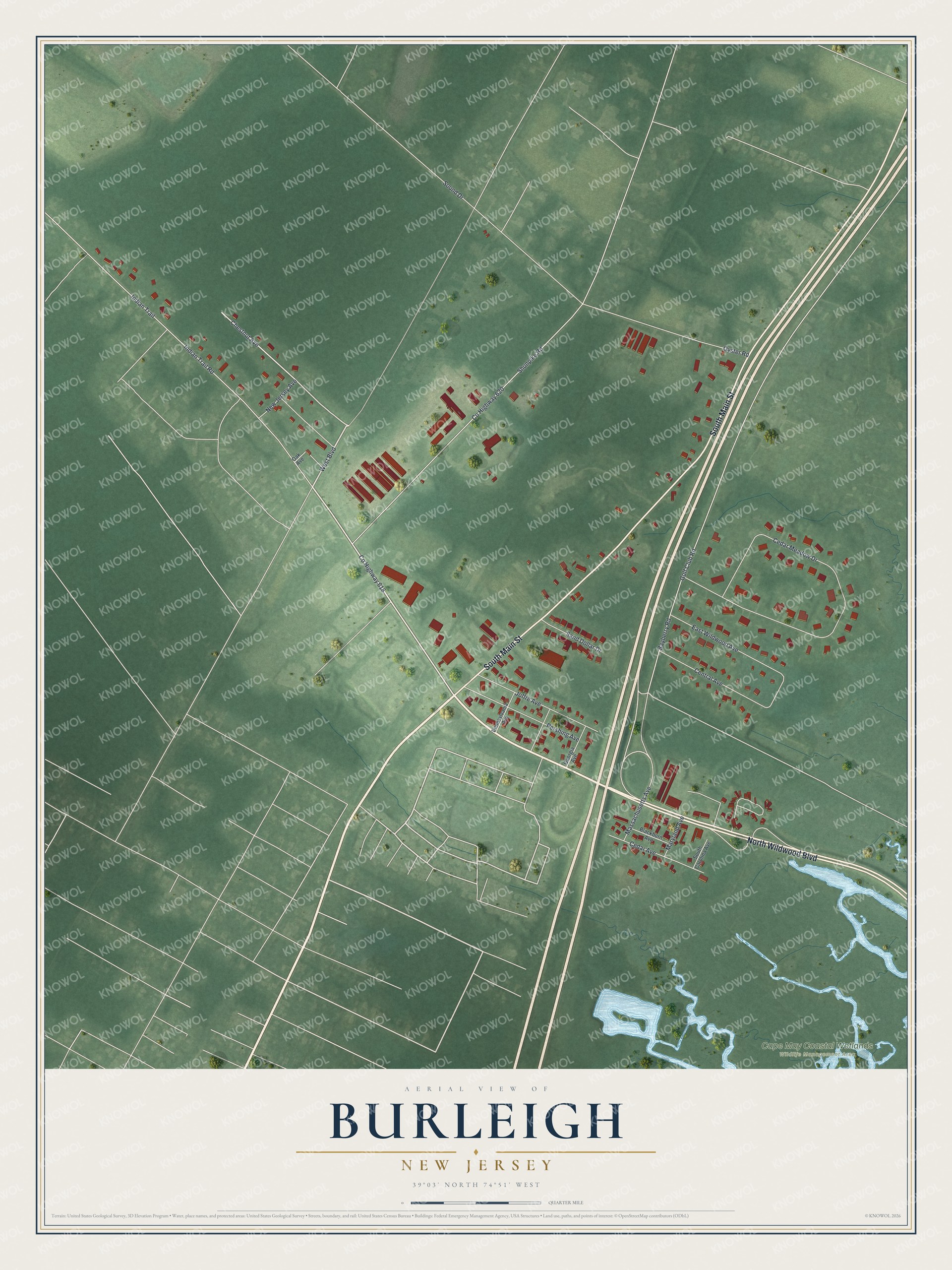 Full map of Burleigh, New Jersey, with red buildings, printed street names and the land around them