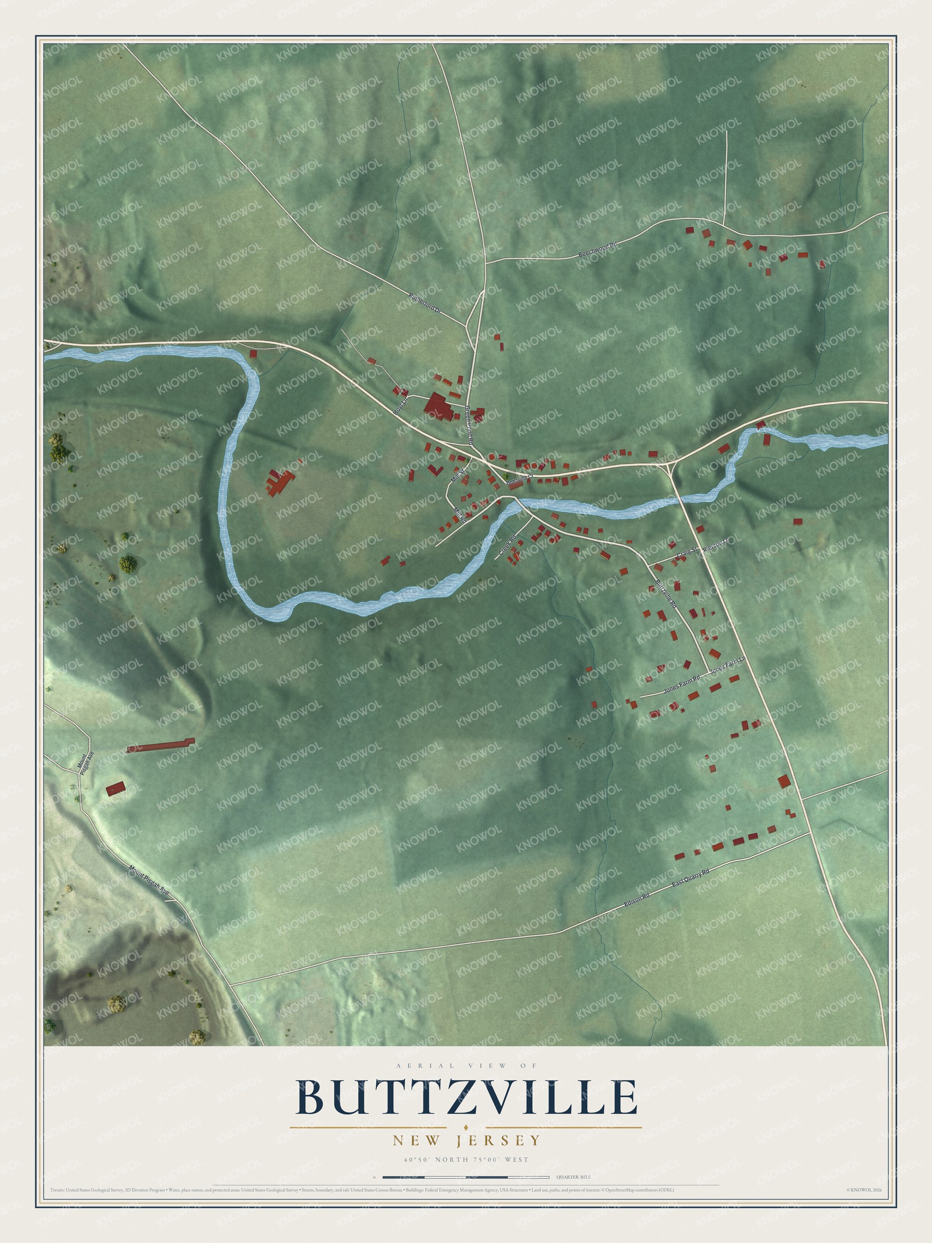 Full map of Buttzville, New Jersey, with red buildings, printed street names and the land around them