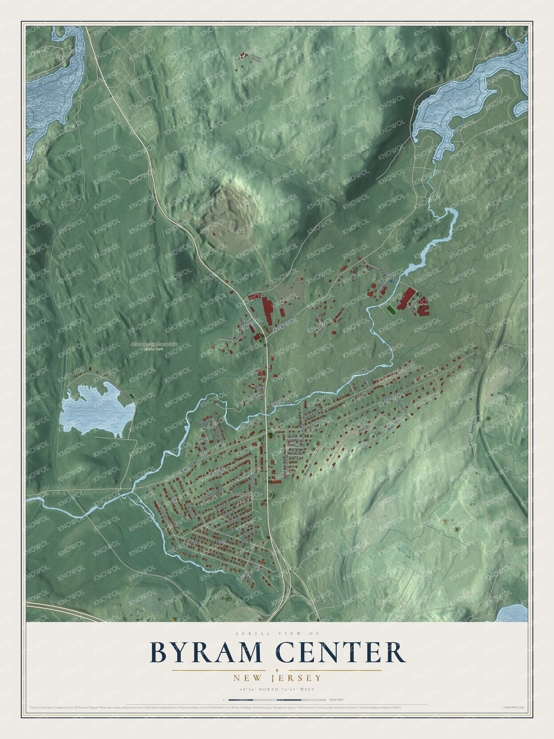 Full map of Byram Center, New Jersey, with red buildings, printed street names and the land around them