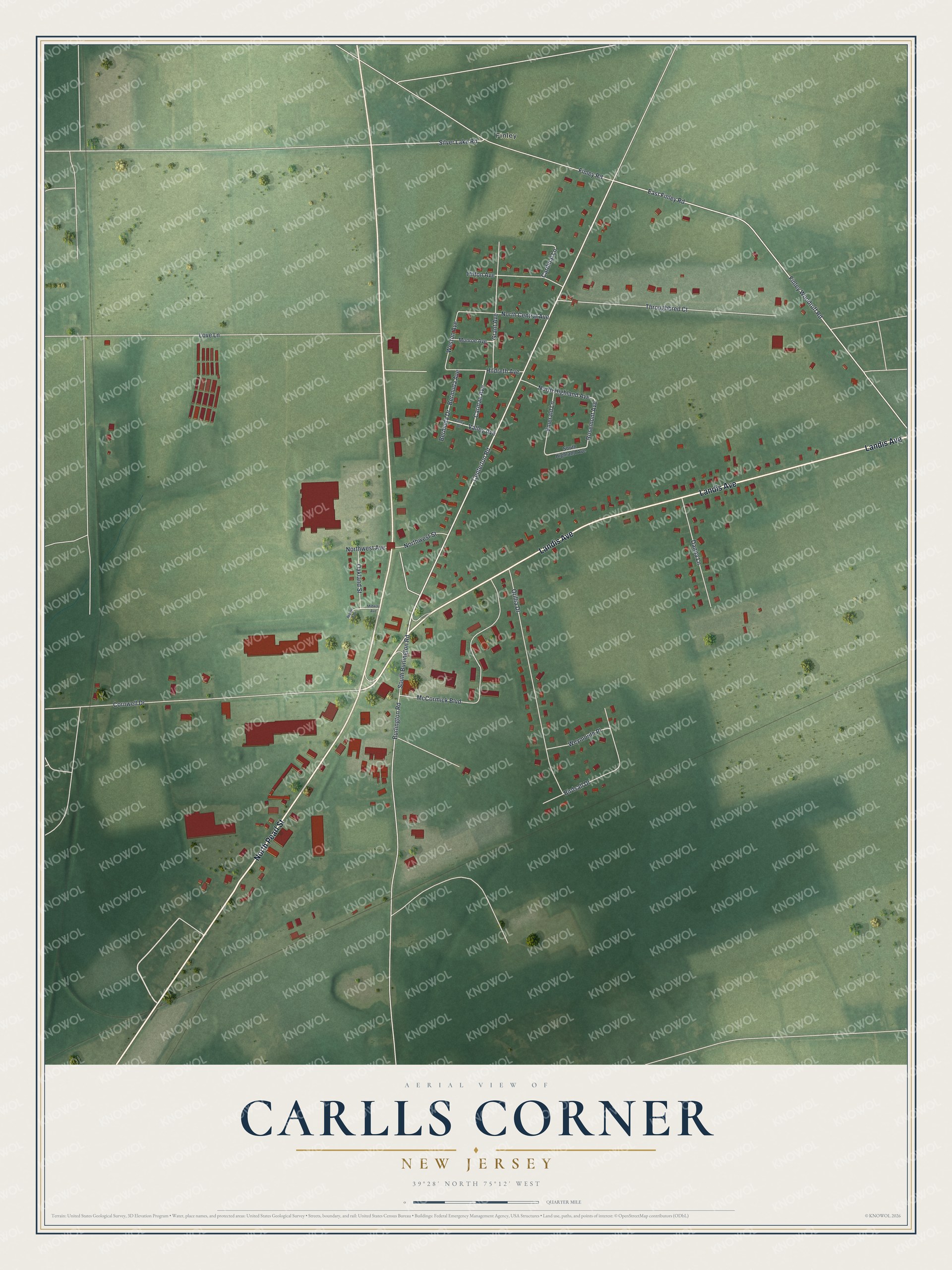 Full map of Carlls Corner, New Jersey, with red buildings, printed street names and the land around them
