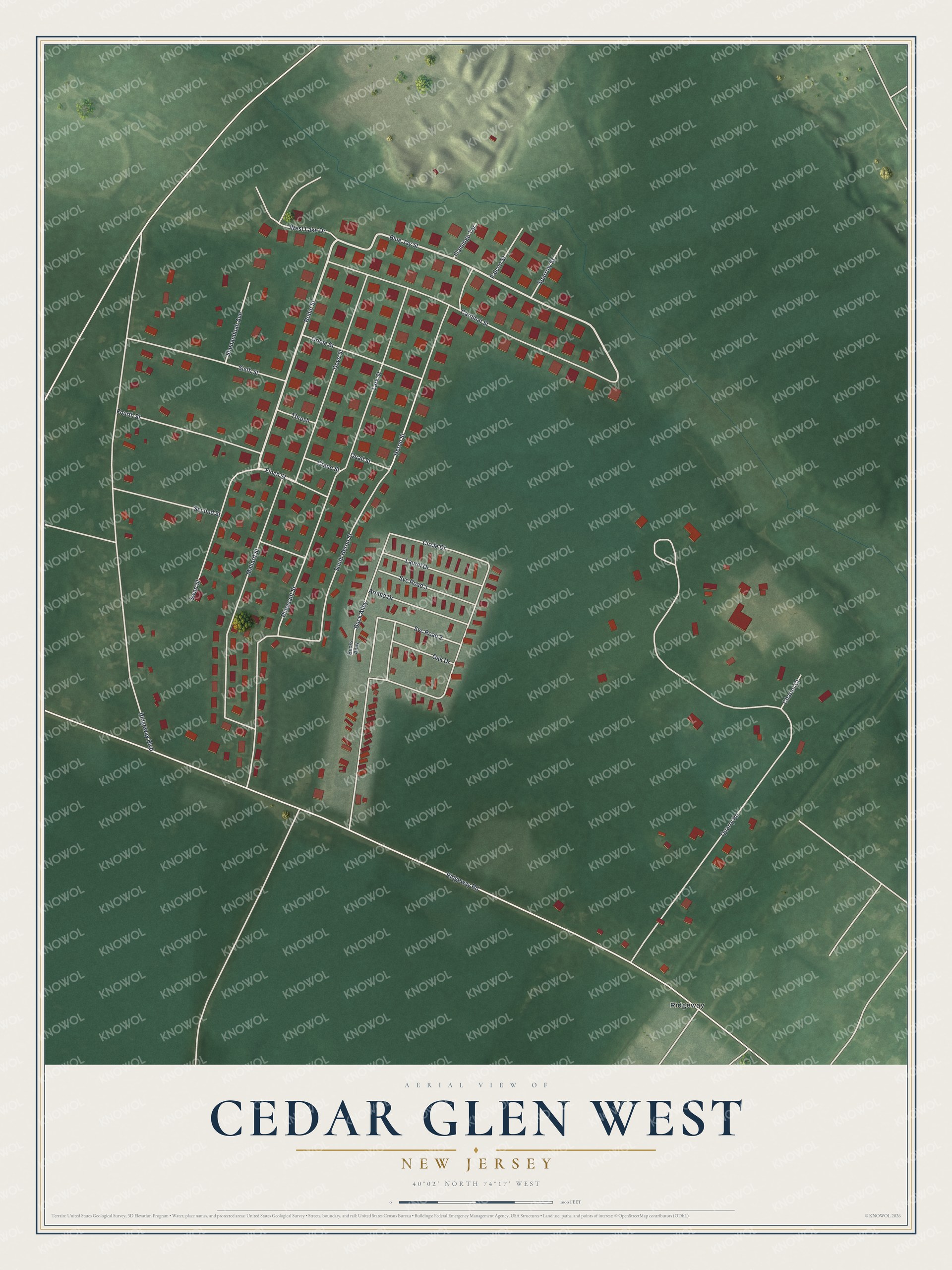 Full map of Cedar Glen West, New Jersey, with red buildings, printed street names and the land around them