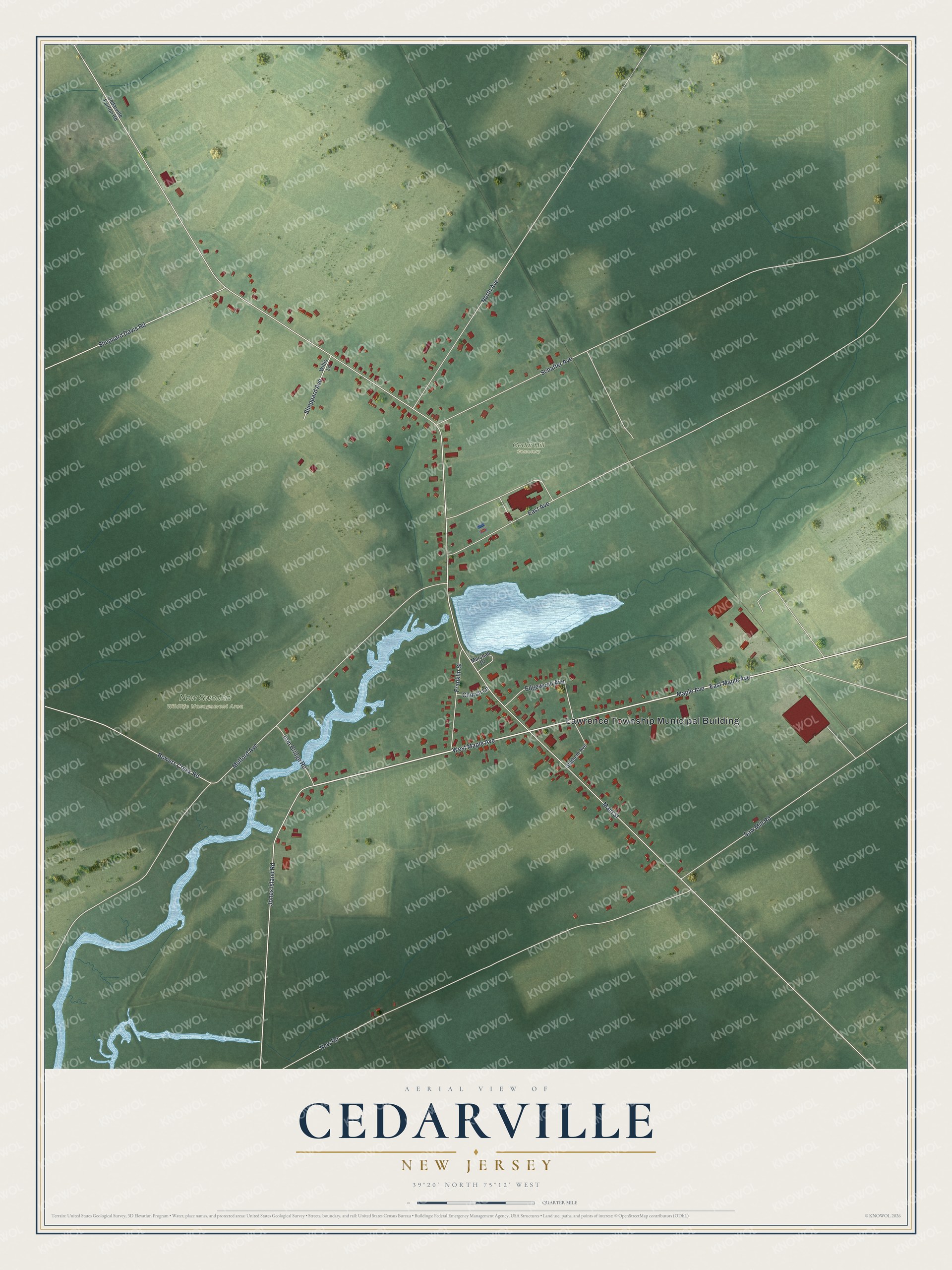 Full map of Cedarville, New Jersey, with red buildings, printed street names and the land around them
