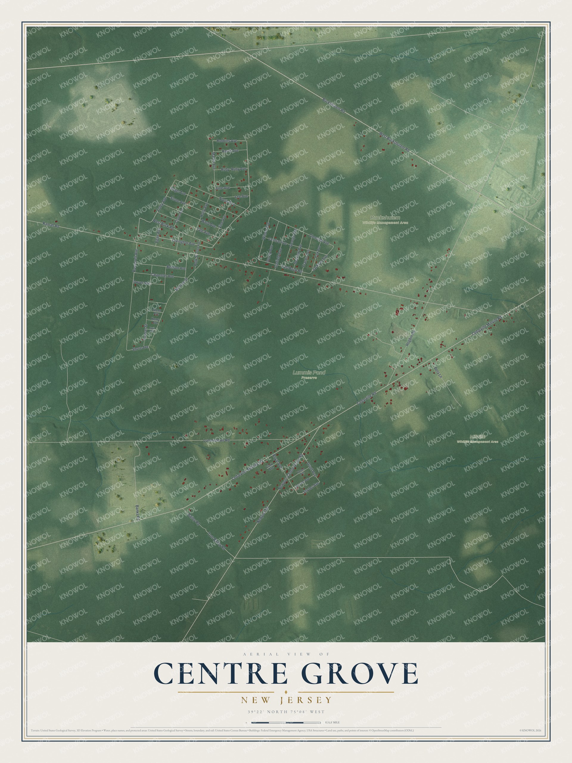 Full map of Centre Grove, New Jersey, with red buildings, printed street names and the land around them