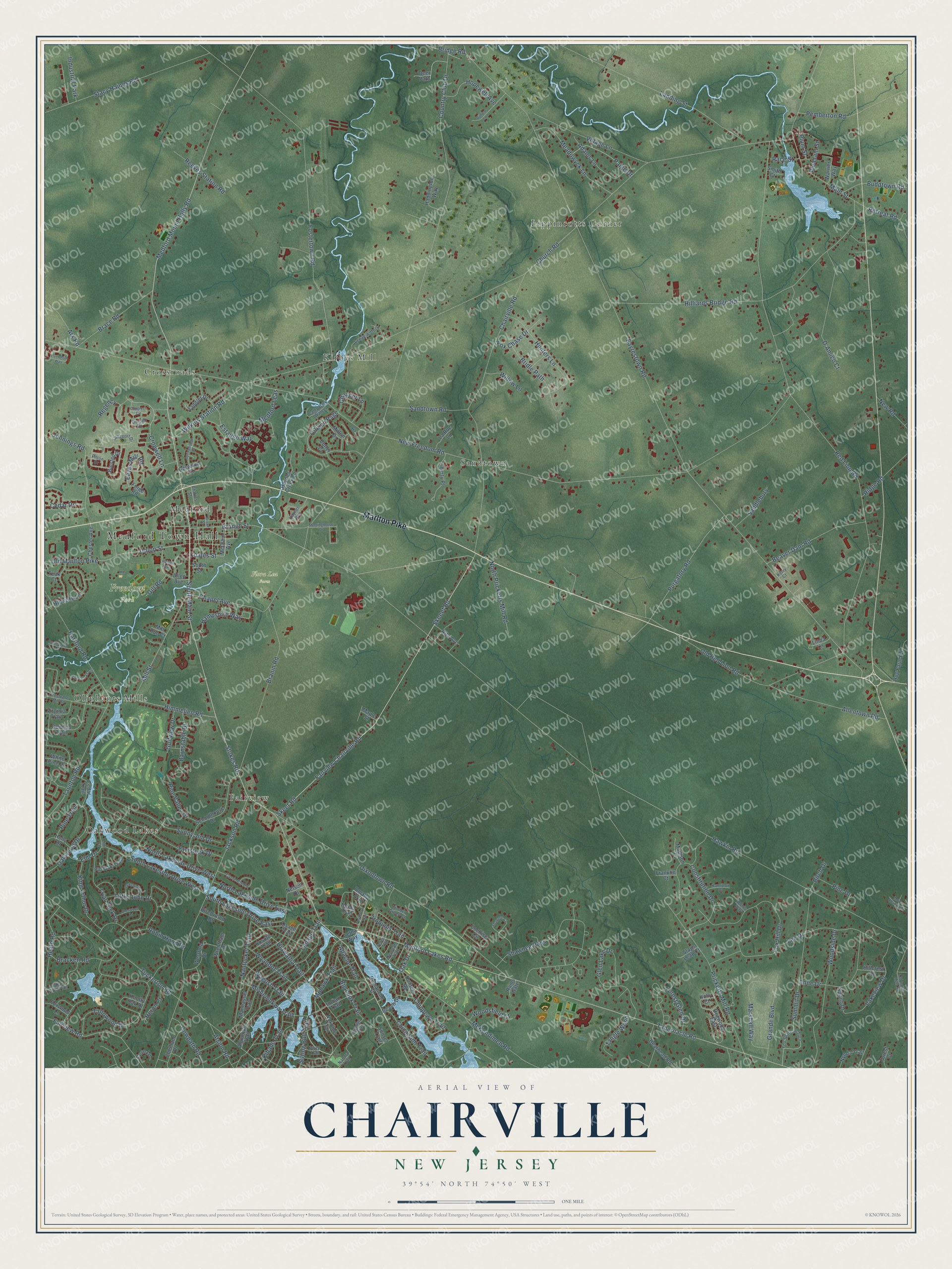 Full map of Chairville, New Jersey, with red buildings, printed street names and the land around them