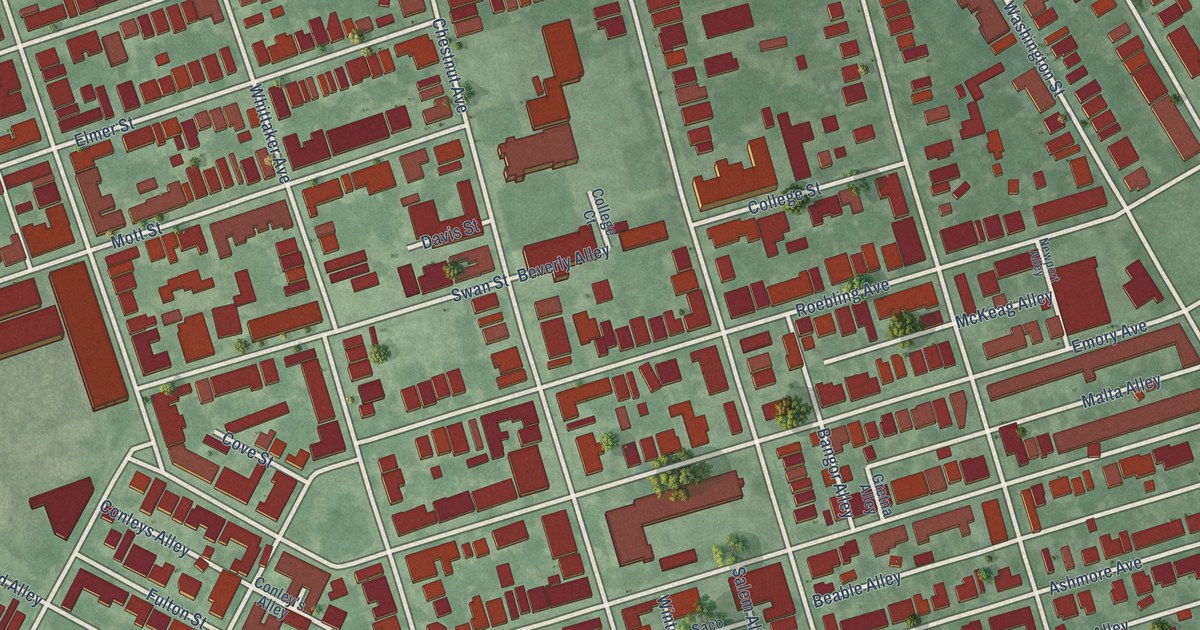 Close-up of streets and buildings in Chambersburg, New Jersey